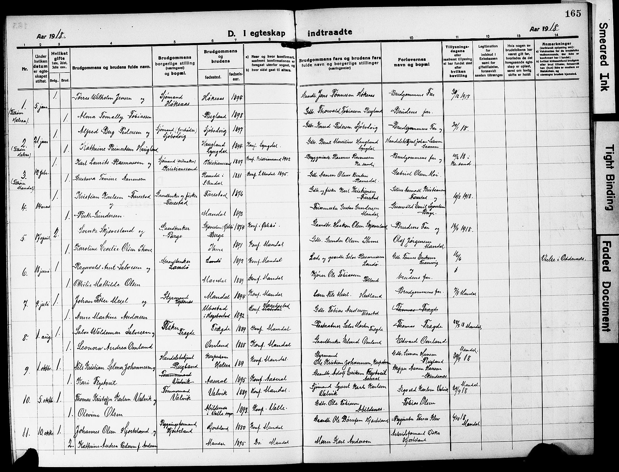 Mandal sokneprestkontor, AV/SAK-1111-0030/F/Fb/Fba/L0013: Parish register (copy) no. B 7, 1918-1931, p. 165