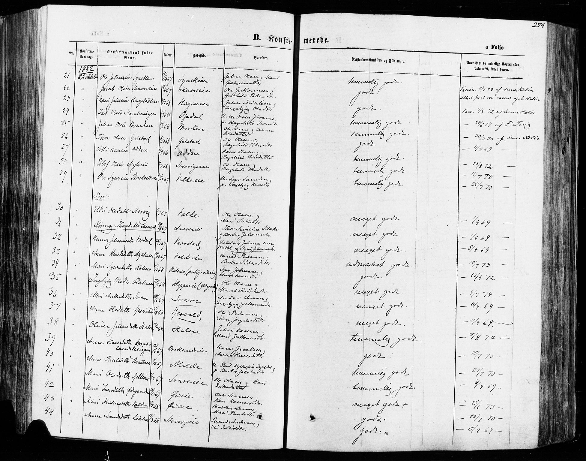 Vågå prestekontor, AV/SAH-PREST-076/H/Ha/Haa/L0007: Parish register (official) no. 7 /1, 1872-1886, p. 274