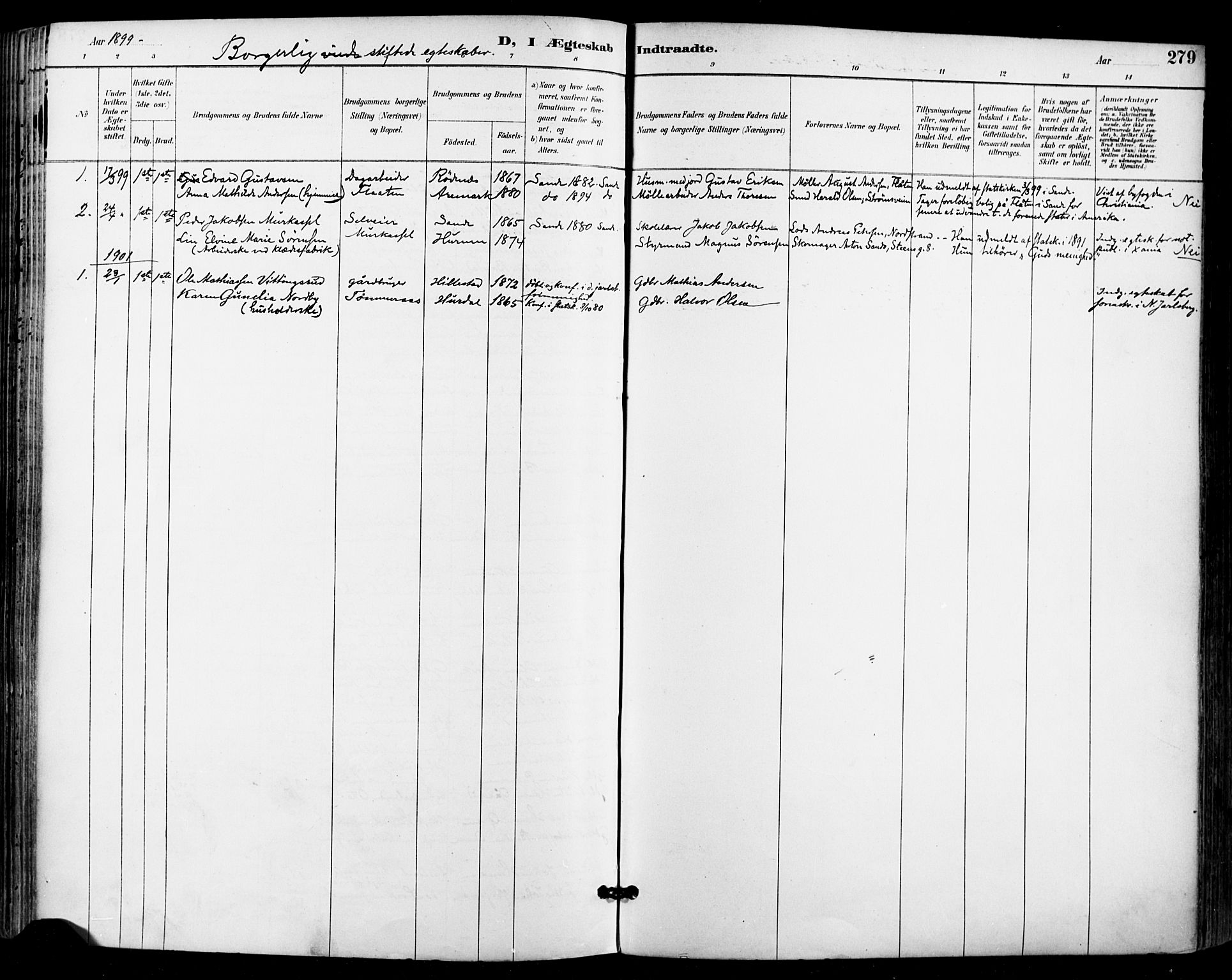 Sande Kirkebøker, AV/SAKO-A-53/F/Fa/L0007: Parish register (official) no. 7, 1888-1903, p. 279