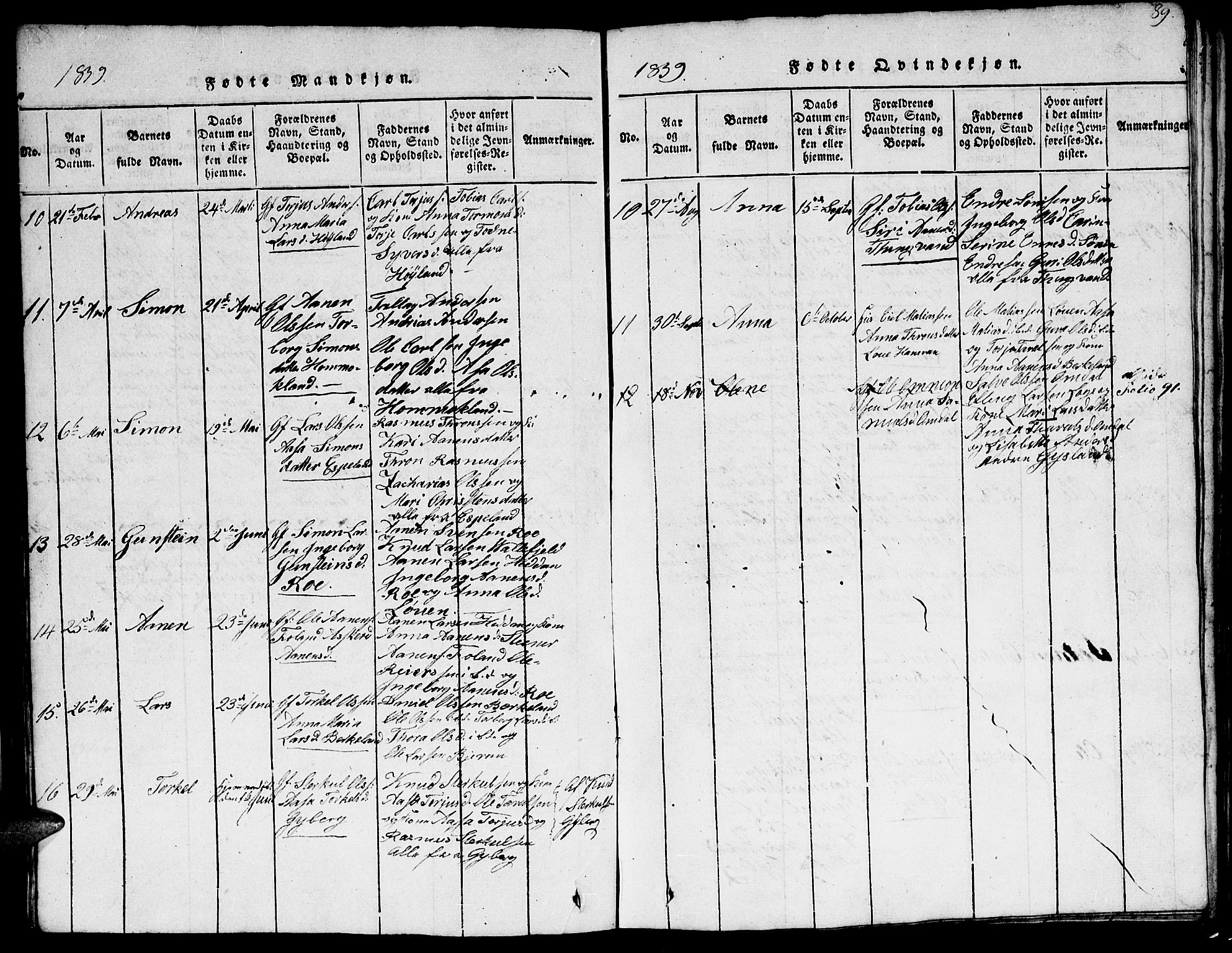 Hægebostad sokneprestkontor, AV/SAK-1111-0024/F/Fb/Fba/L0001: Parish register (copy) no. B 1, 1815-1844, p. 89