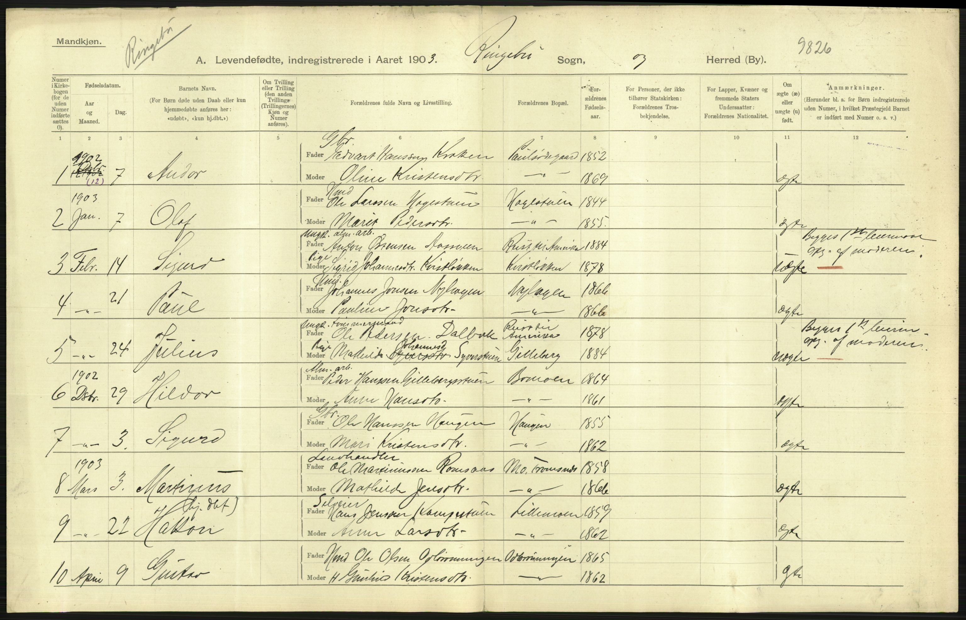 Statistisk sentralbyrå, Sosiodemografiske emner, Befolkning, AV/RA-S-2228/D/Df/Dfa/Dfaa/L0006: Kristians amt: Fødte, gifte, døde, 1903, p. 69