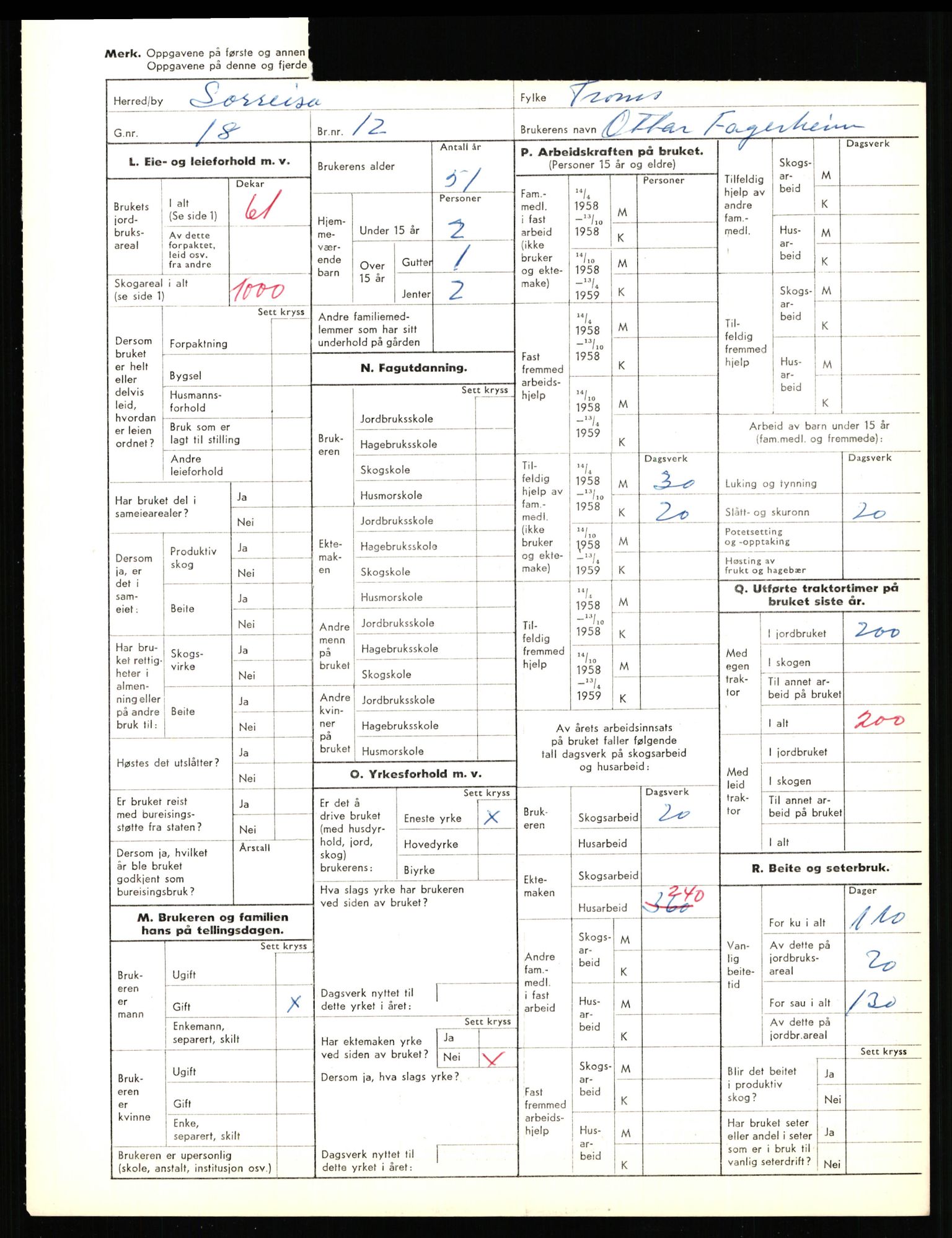 Statistisk sentralbyrå, Næringsøkonomiske emner, Jordbruk, skogbruk, jakt, fiske og fangst, AV/RA-S-2234/G/Gd/L0656: Troms: 1924 Målselv (kl. 0-3) og 1925 Sørreisa, 1959, p. 1957