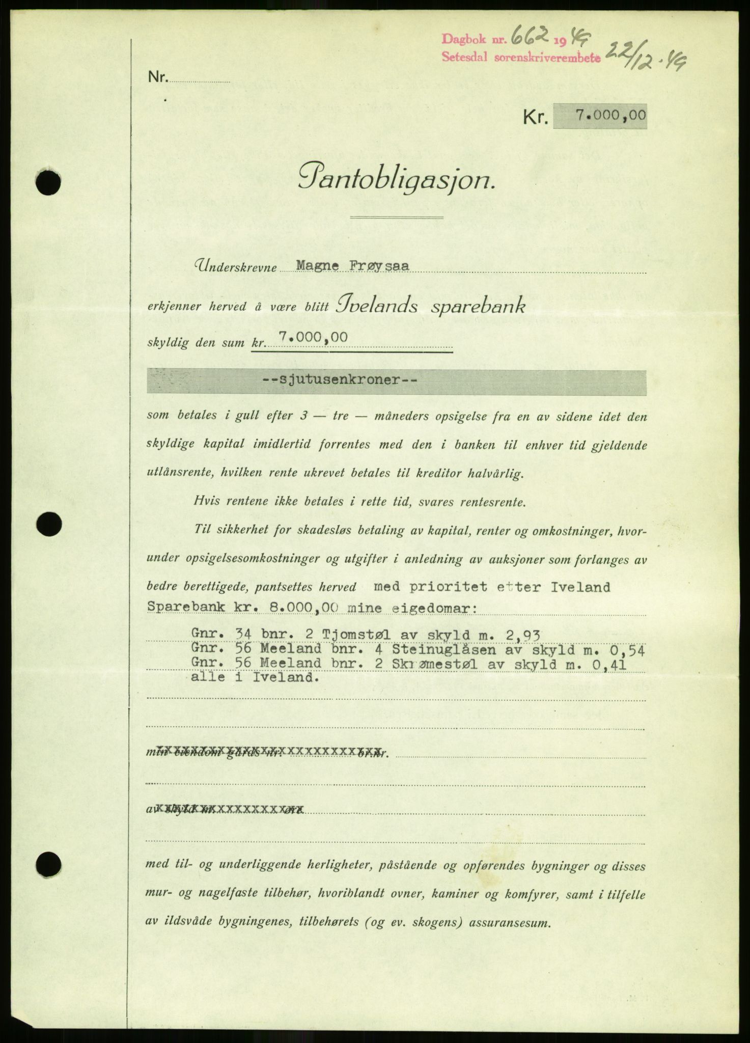 Setesdal sorenskriveri, AV/SAK-1221-0011/G/Gb/L0050: Mortgage book no. B 38, 1949-1952, Diary no: : 662/1949