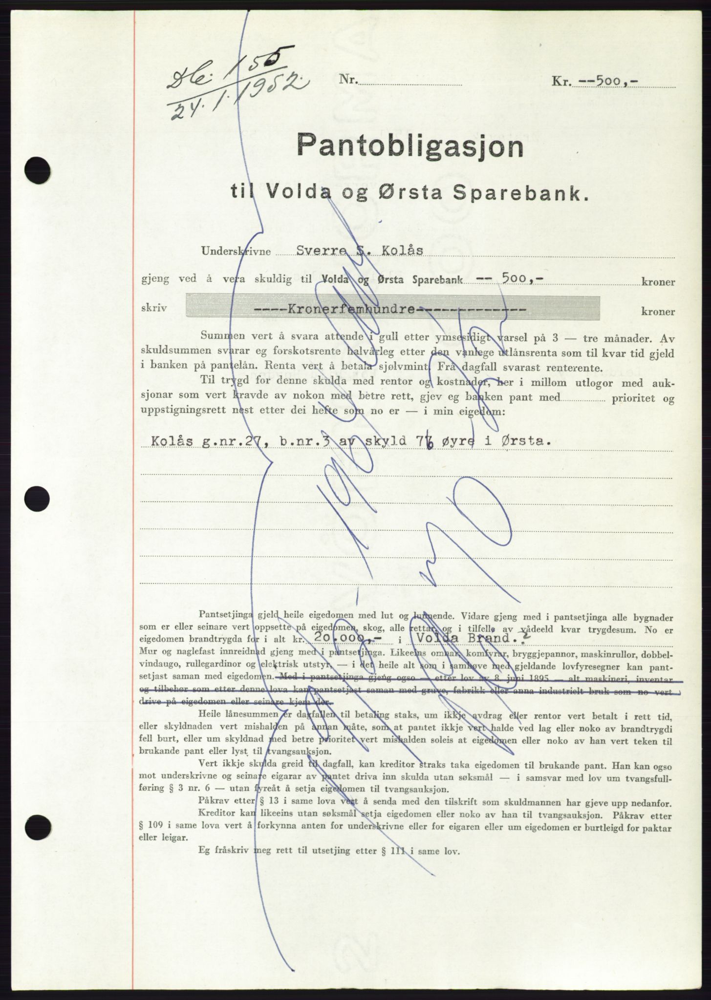 Søre Sunnmøre sorenskriveri, AV/SAT-A-4122/1/2/2C/L0121: Mortgage book no. 9B, 1951-1952, Diary no: : 155/1952