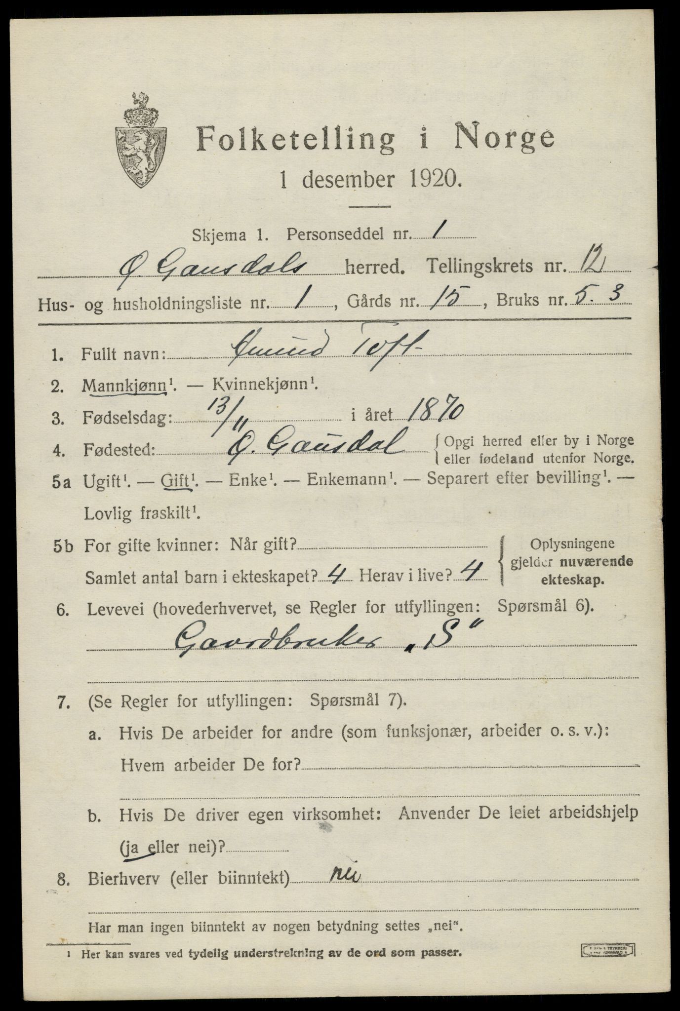 SAH, 1920 census for Østre Gausdal, 1920, p. 6164