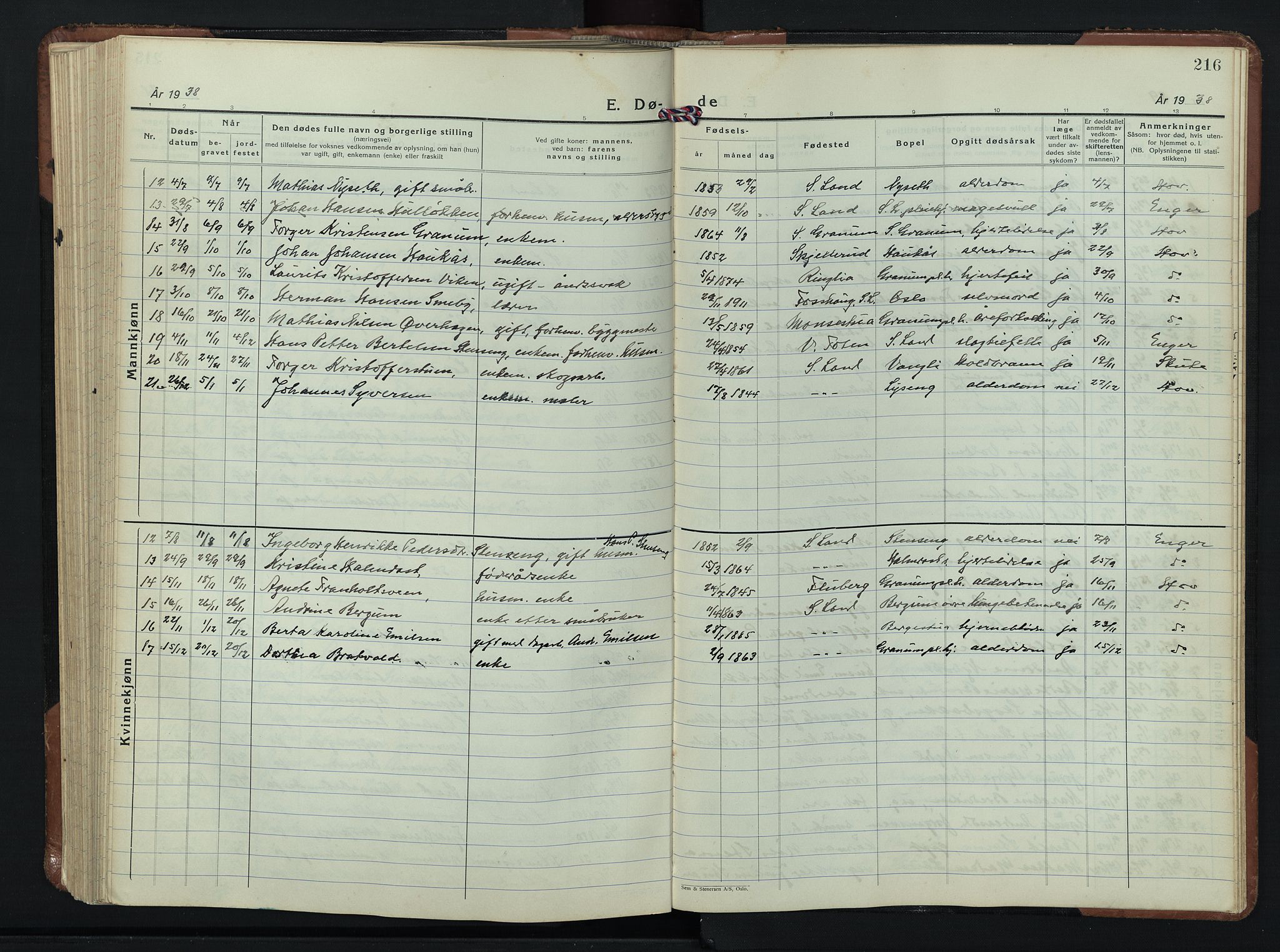 Søndre Land prestekontor, SAH/PREST-122/L/L0009: Parish register (copy) no. 9, 1933-1954, p. 216