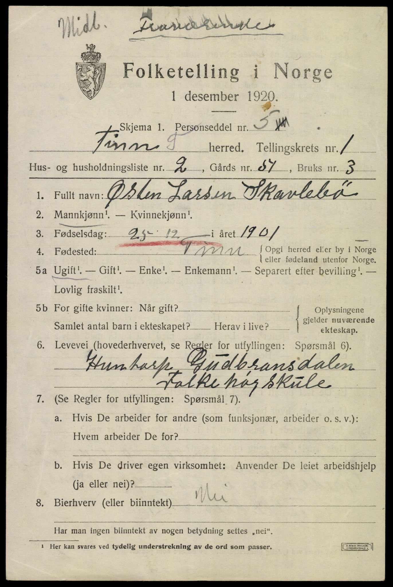 SAKO, 1920 census for Tinn, 1920, p. 2708