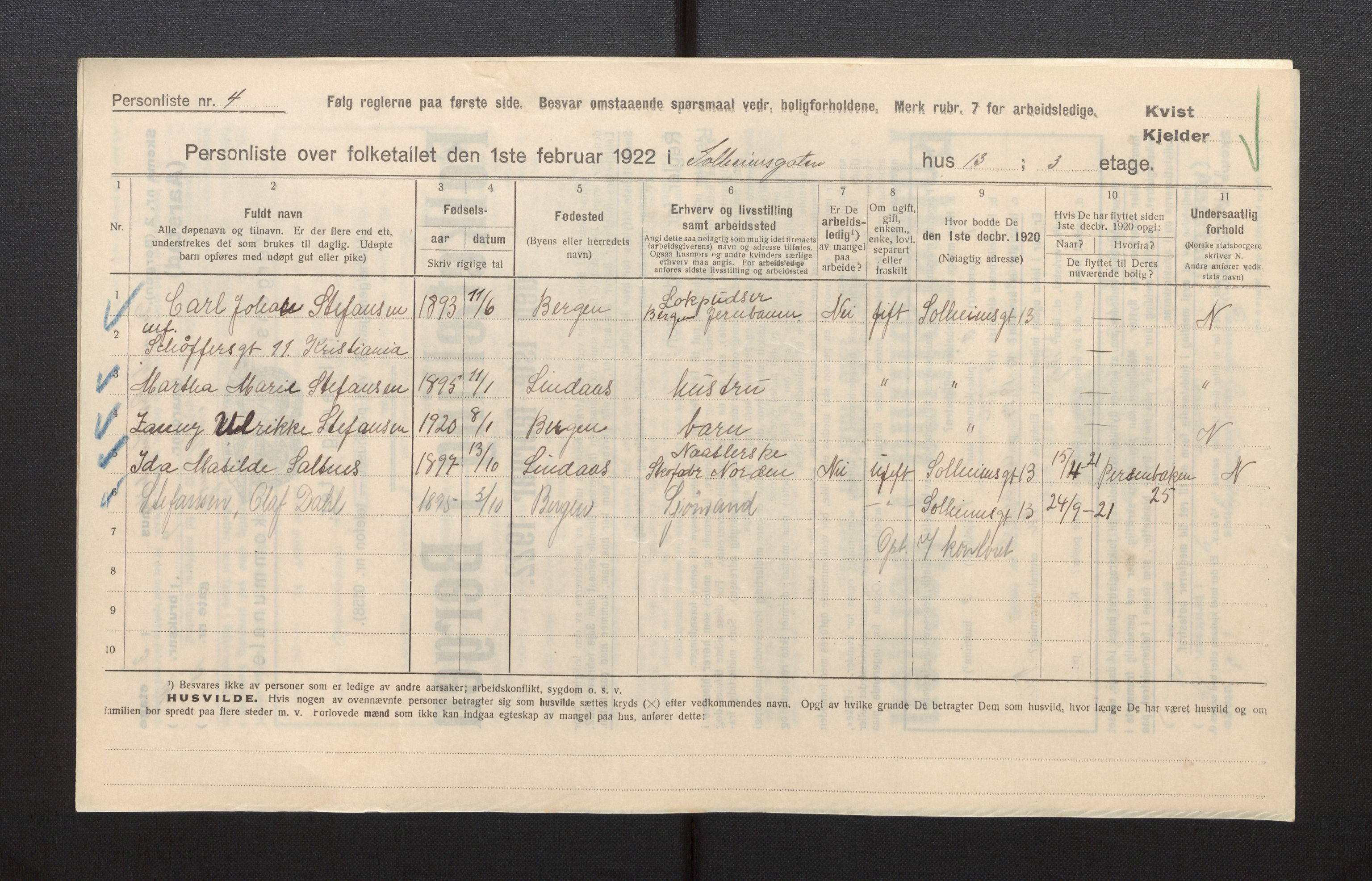 SAB, Municipal Census 1922 for Bergen, 1922, p. 57780