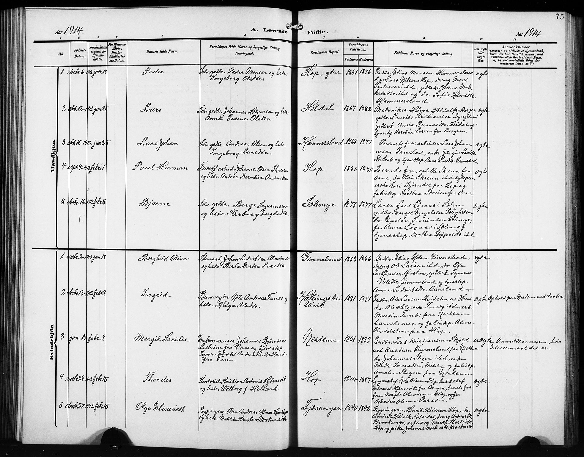 Birkeland Sokneprestembete, SAB/A-74601/H/Hab: Parish register (copy) no. A 6, 1906-1915, p. 75