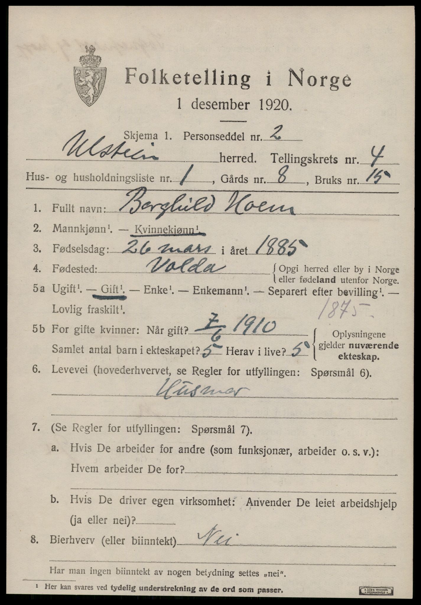 SAT, 1920 census for Ulstein, 1920, p. 2616