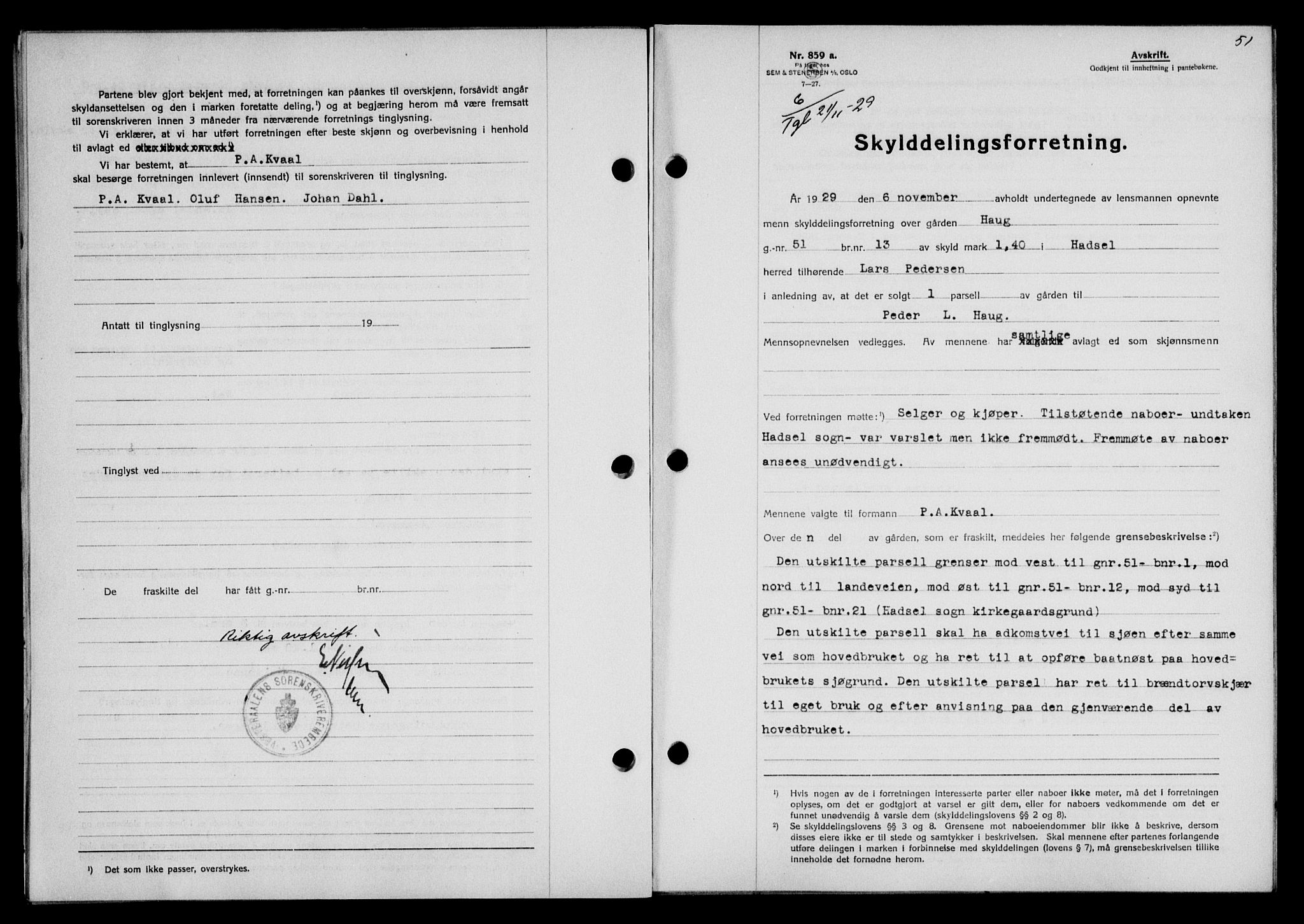 Vesterålen sorenskriveri, AV/SAT-A-4180/1/2/2Ca/L0050: Mortgage book no. 43, 1929-1930, Deed date: 21.11.1929