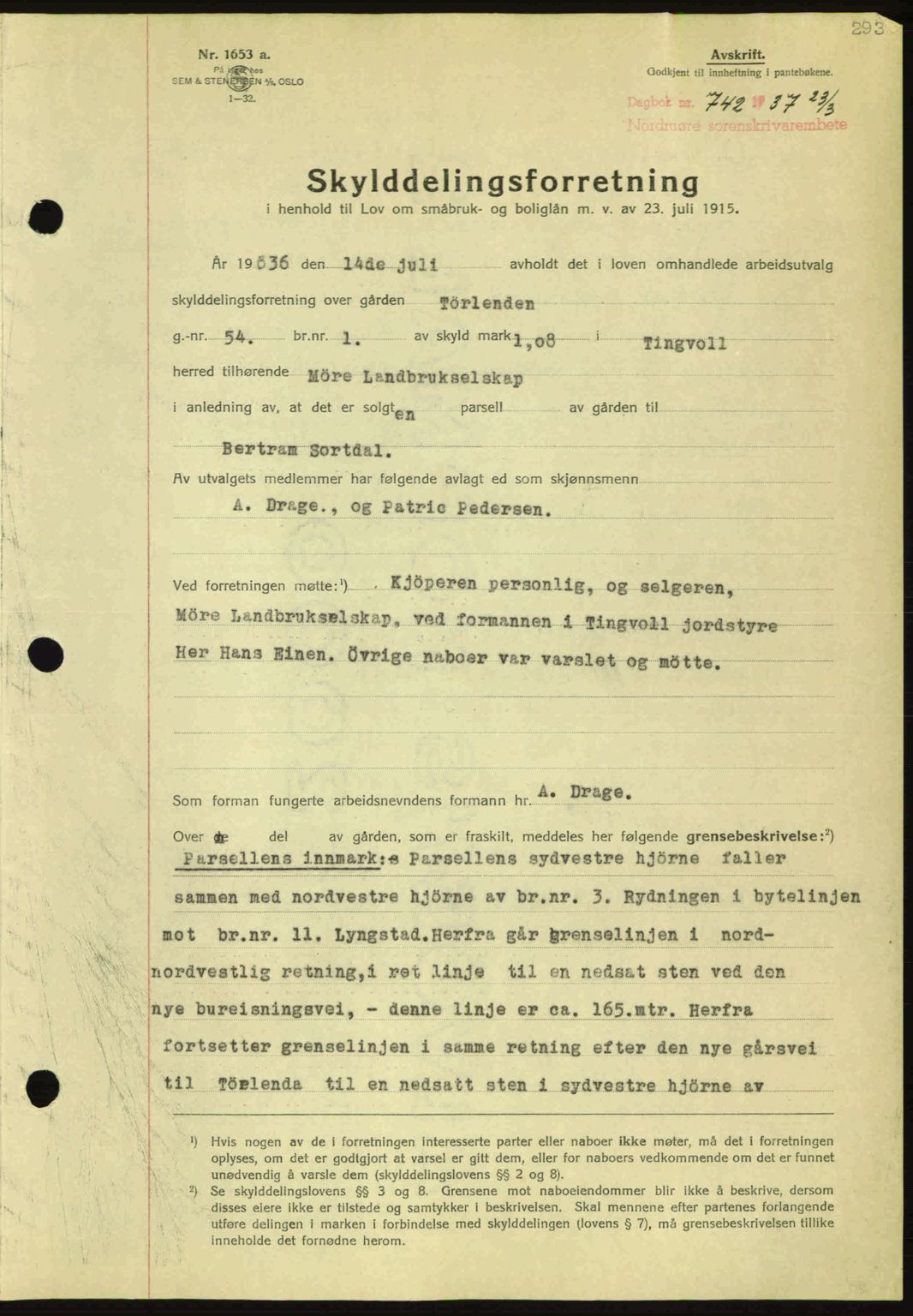 Nordmøre sorenskriveri, AV/SAT-A-4132/1/2/2Ca: Mortgage book no. A81, 1937-1937, Diary no: : 742/1937