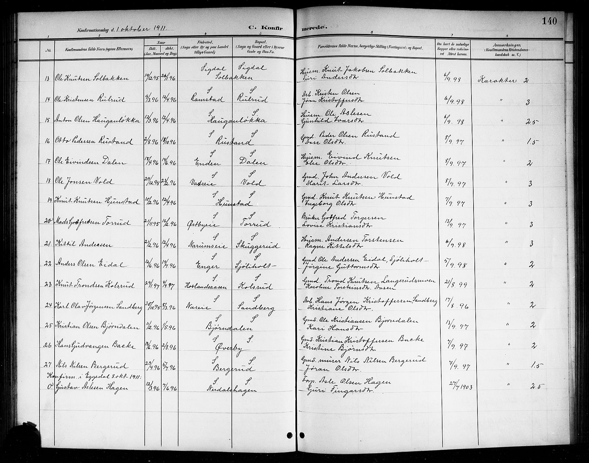 Sigdal kirkebøker, SAKO/A-245/G/Ga/L0006: Parish register (copy) no. I 6, 1901-1916, p. 140