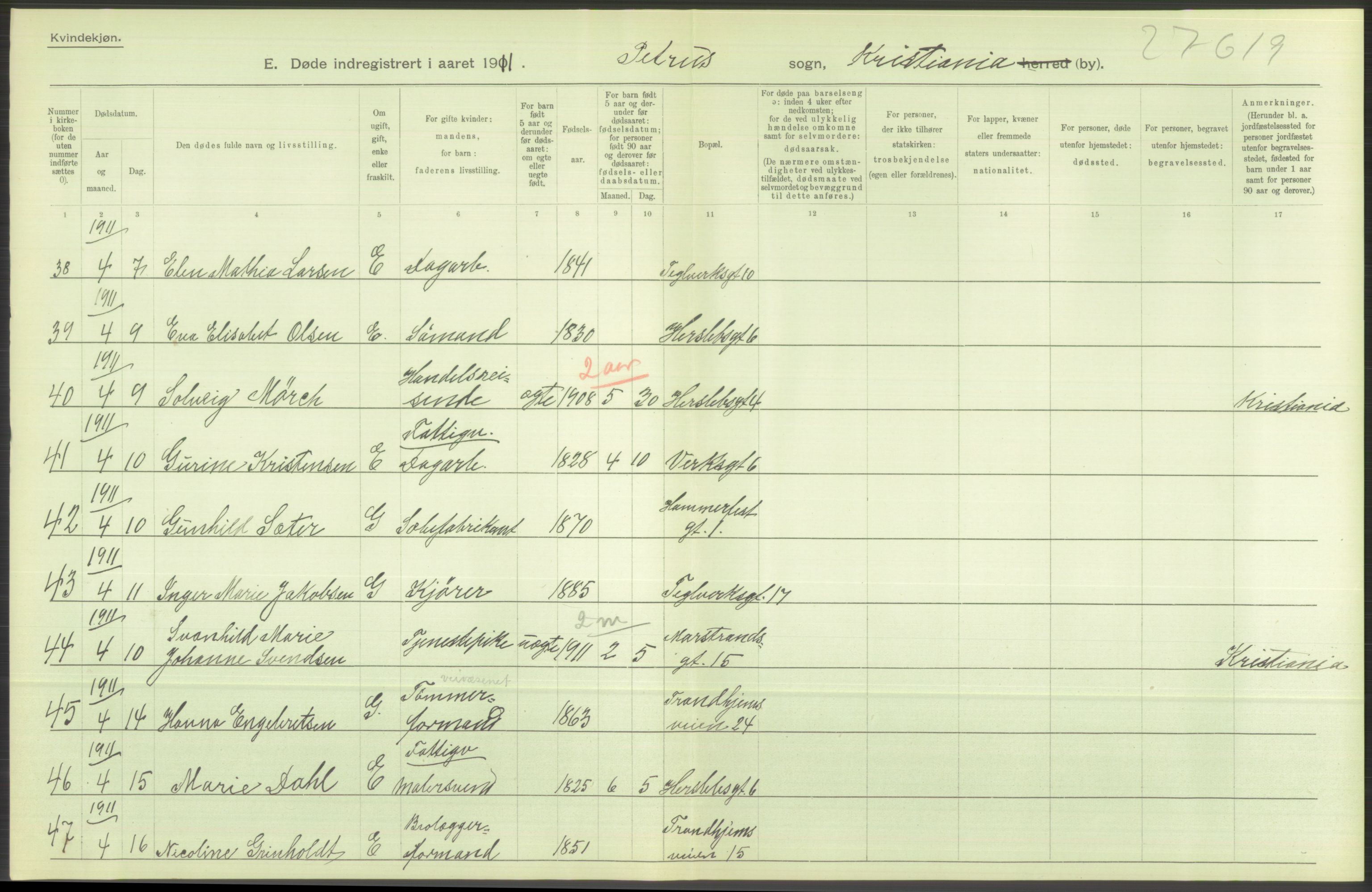 Statistisk sentralbyrå, Sosiodemografiske emner, Befolkning, RA/S-2228/D/Df/Dfb/Dfba/L0010: Kristiania: Døde kvinner samt dødfødte., 1911, p. 412