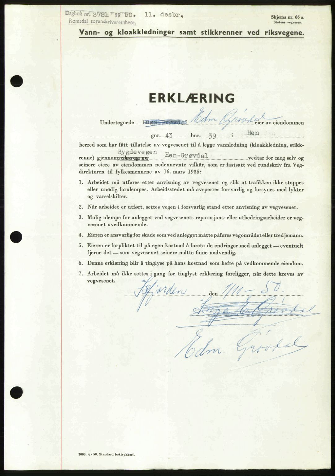 Romsdal sorenskriveri, AV/SAT-A-4149/1/2/2C: Mortgage book no. A35, 1950-1950, Diary no: : 3781/1950