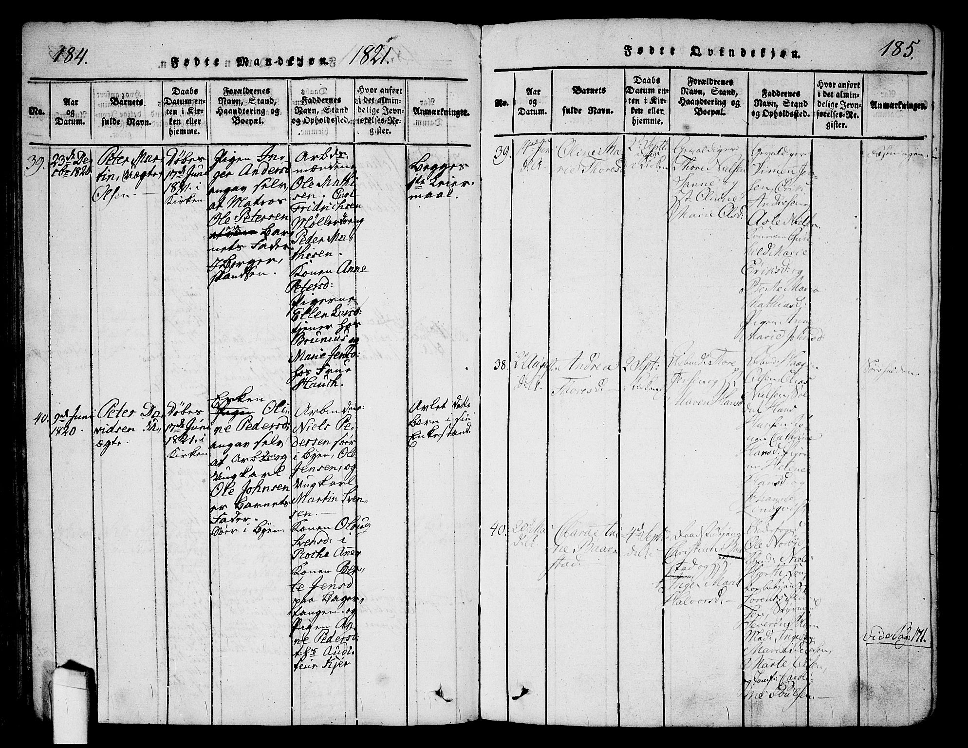 Halden prestekontor Kirkebøker, AV/SAO-A-10909/G/Ga/L0001: Parish register (copy) no. 1, 1815-1833, p. 184-185