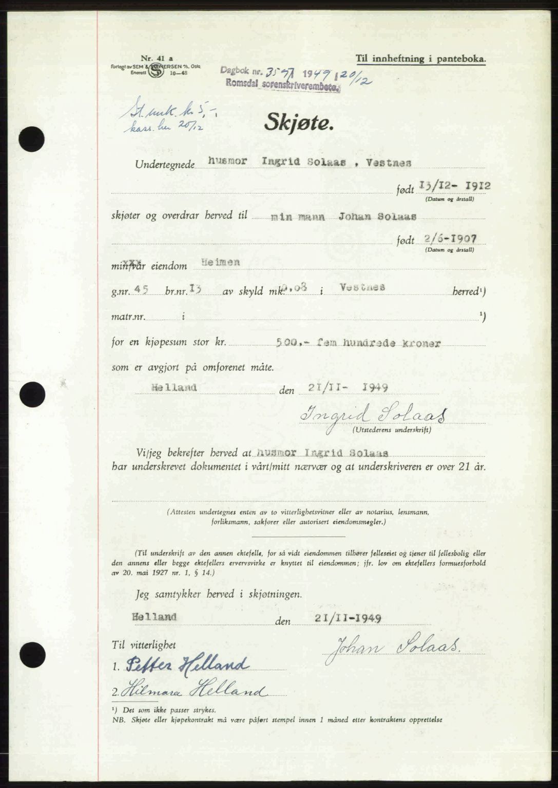 Romsdal sorenskriveri, AV/SAT-A-4149/1/2/2C: Mortgage book no. A31, 1949-1949, Diary no: : 3597/1949