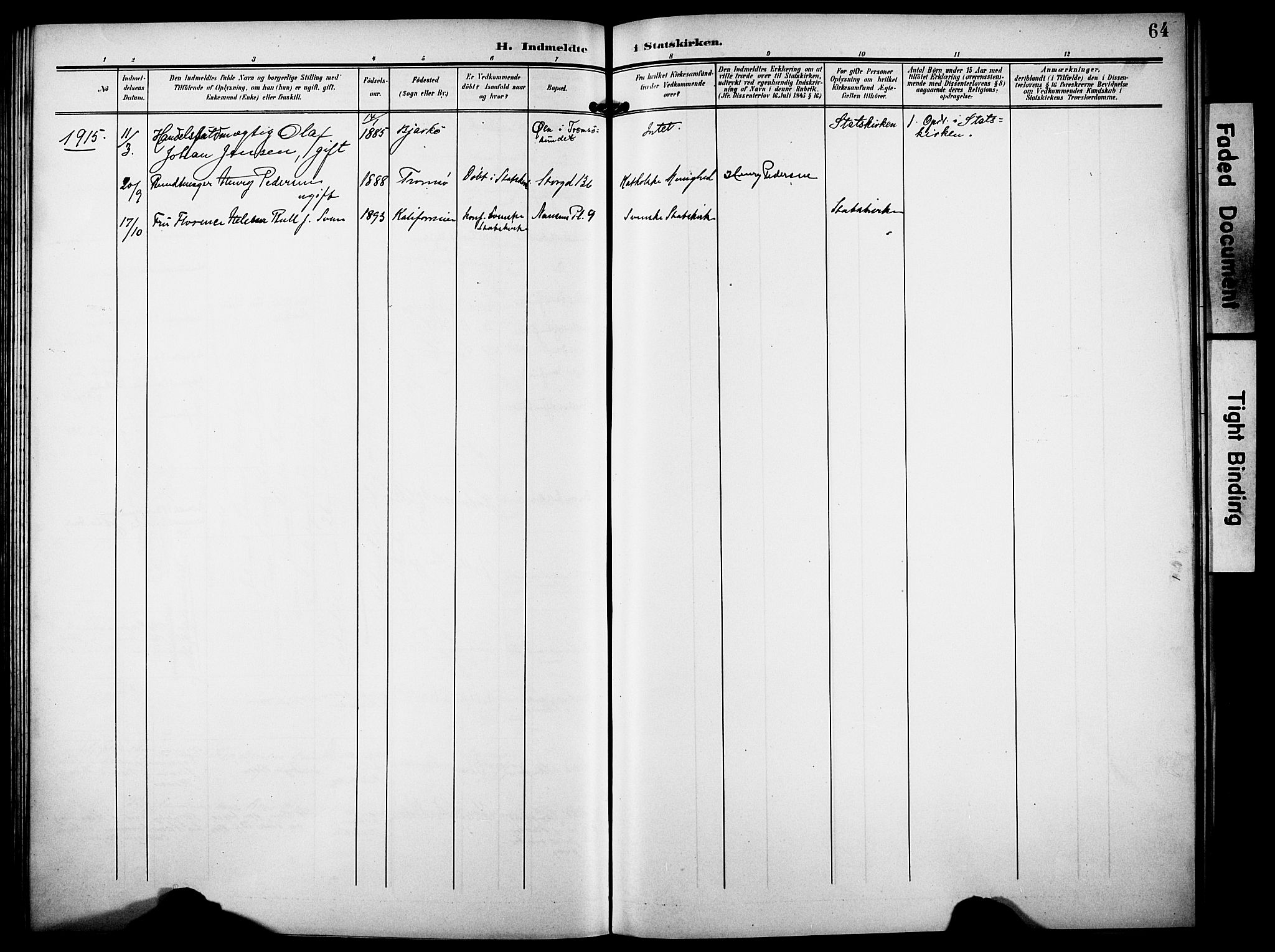 Tromsø sokneprestkontor/stiftsprosti/domprosti, AV/SATØ-S-1343/G/Ge/L0068: Dissenter register no. 68, 1907-1917, p. 64