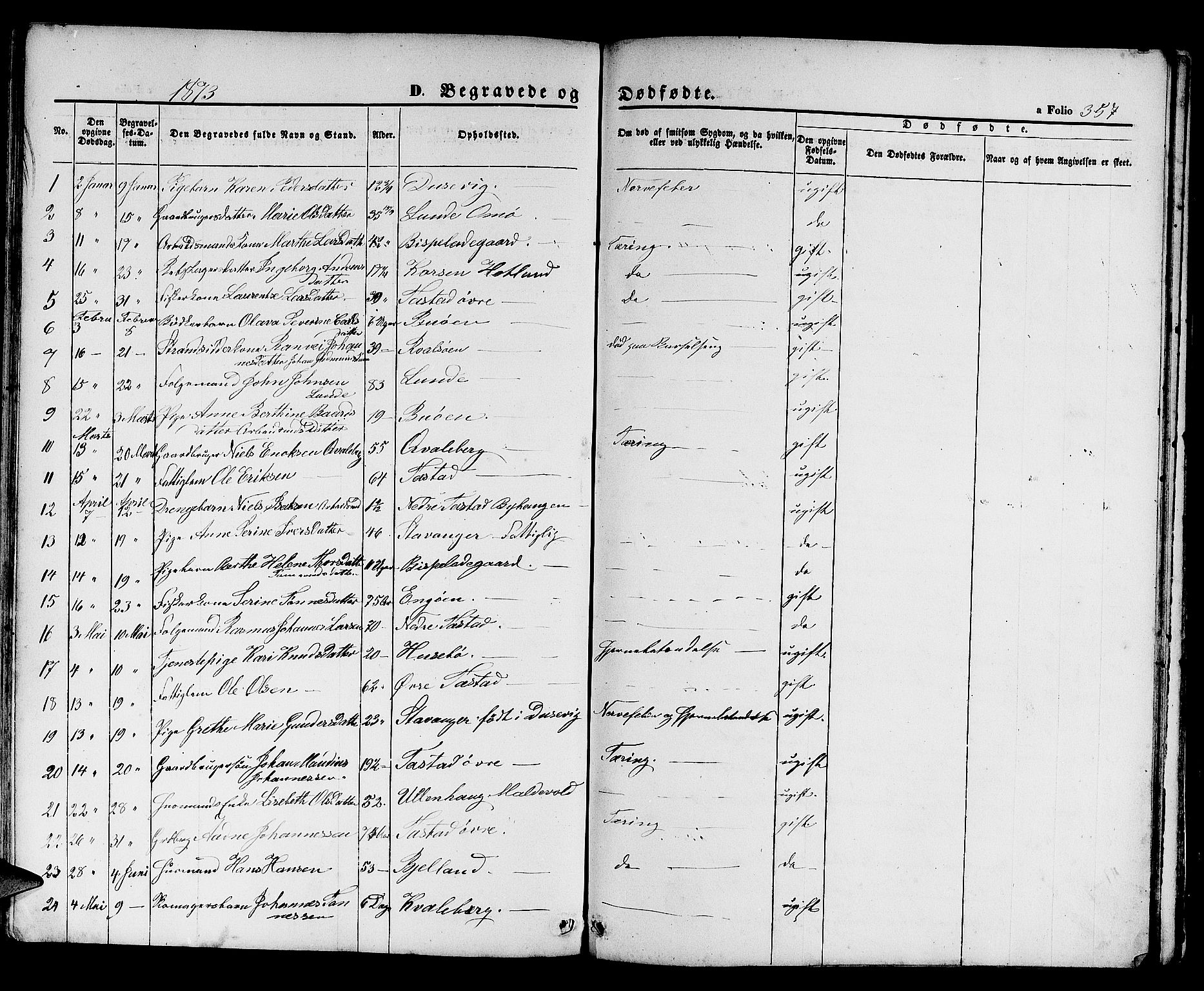 Hetland sokneprestkontor, AV/SAST-A-101826/30/30BB/L0003: Parish register (copy) no. B 3, 1863-1877, p. 357