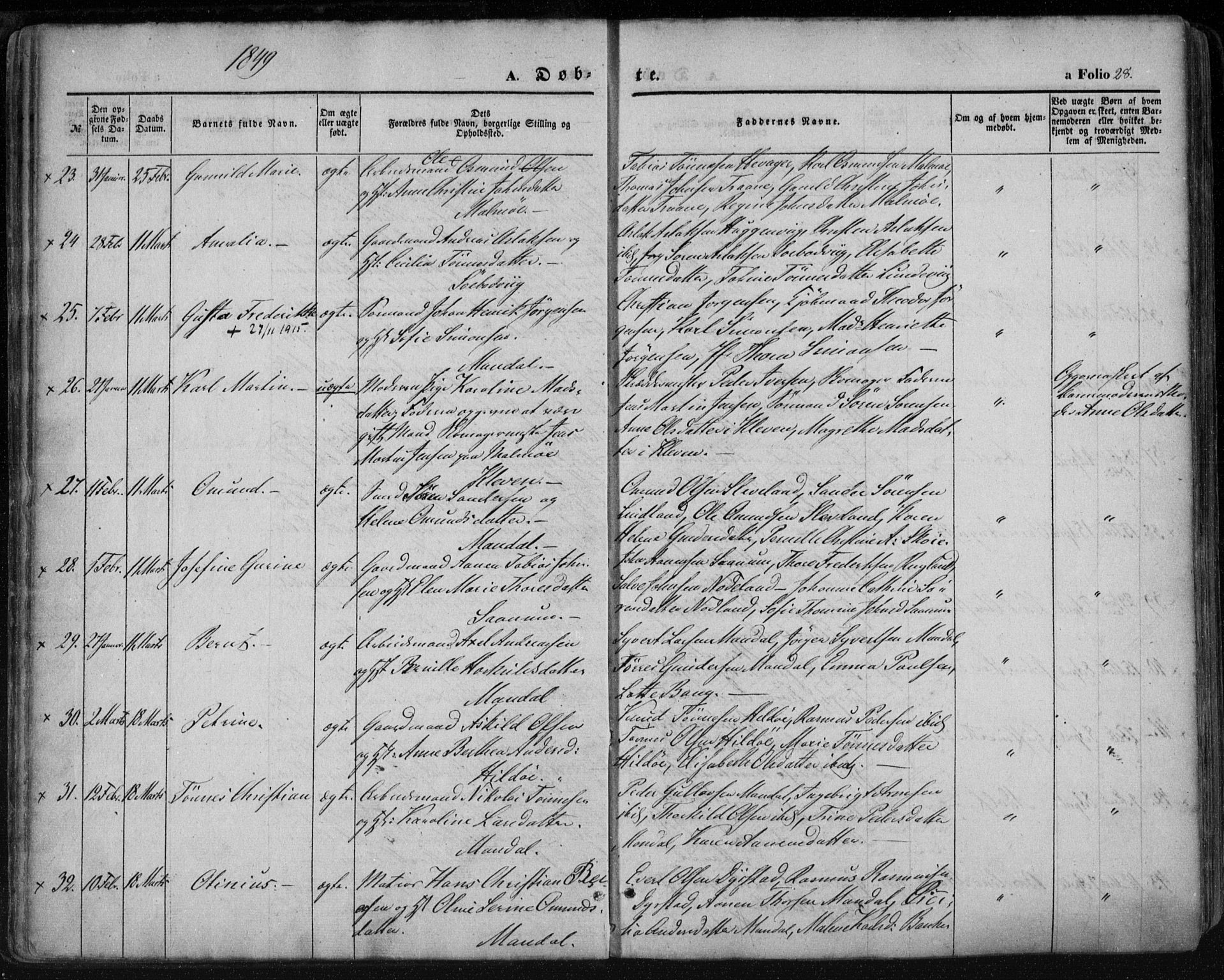 Mandal sokneprestkontor, AV/SAK-1111-0030/F/Fa/Faa/L0013: Parish register (official) no. A 13, 1847-1859, p. 28