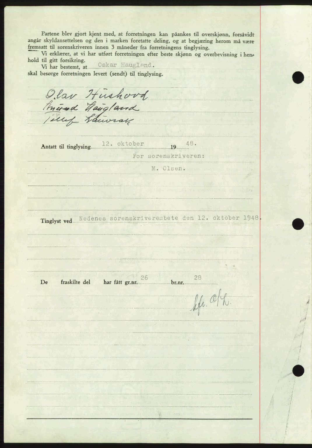 Nedenes sorenskriveri, SAK/1221-0006/G/Gb/Gba/L0059: Mortgage book no. A11, 1948-1948, Diary no: : 1449/1948