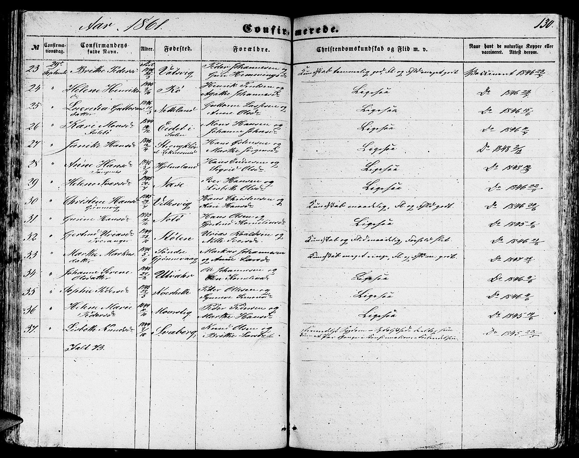 Gulen sokneprestembete, SAB/A-80201/H/Hab/Habb/L0001: Parish register (copy) no. B 1, 1854-1866, p. 130