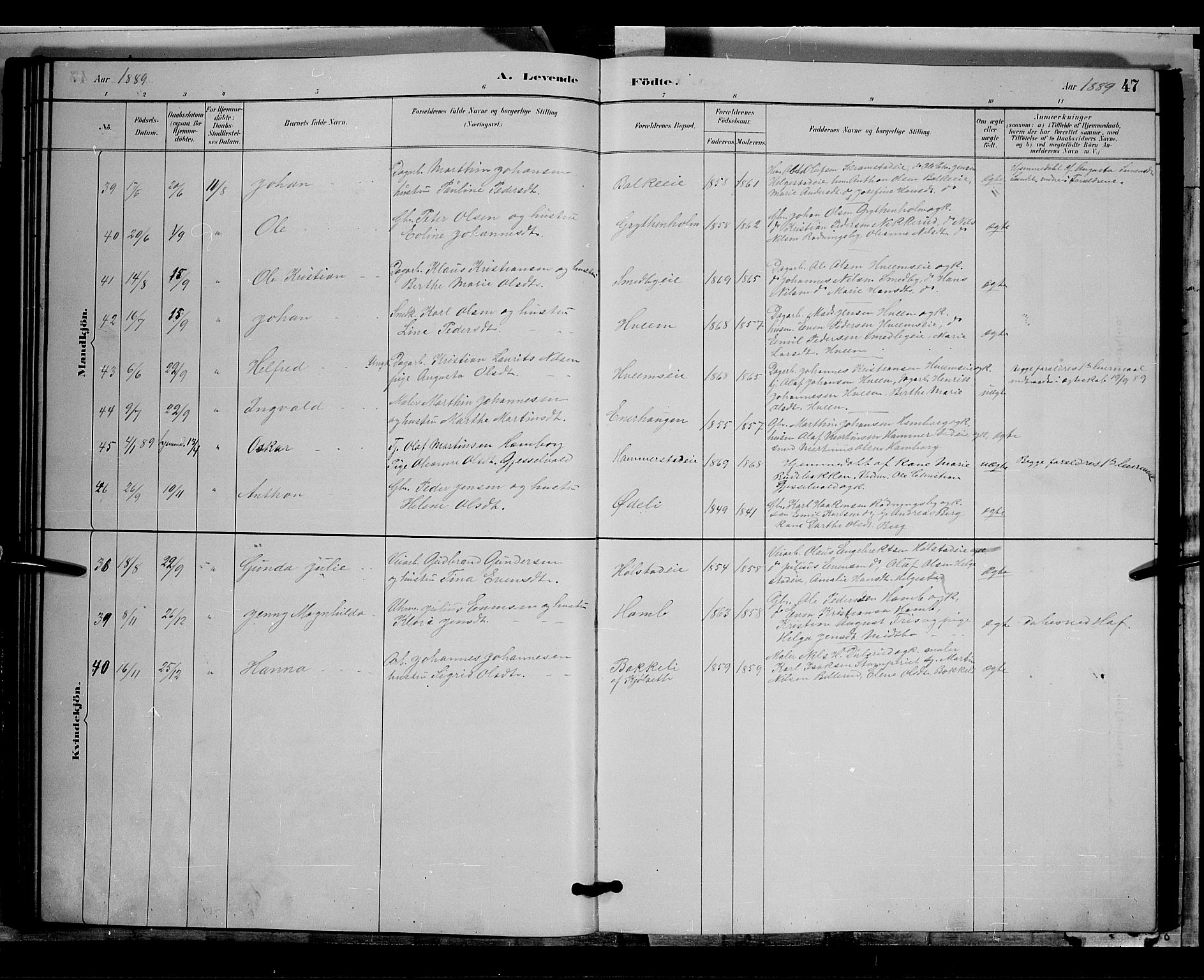 Østre Toten prestekontor, AV/SAH-PREST-104/H/Ha/Hab/L0005: Parish register (copy) no. 5, 1884-1893, p. 47