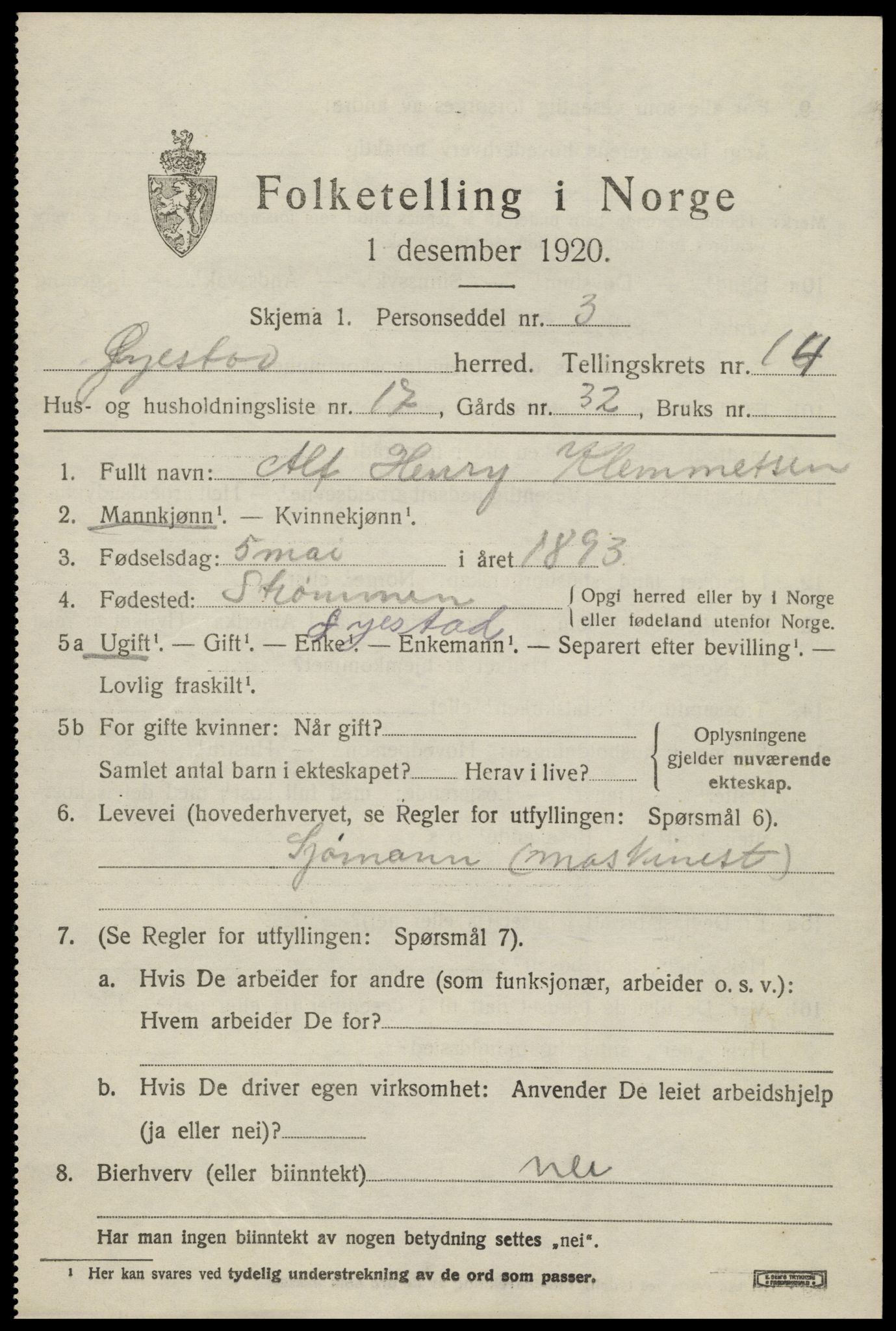 SAK, 1920 census for Øyestad, 1920, p. 9402