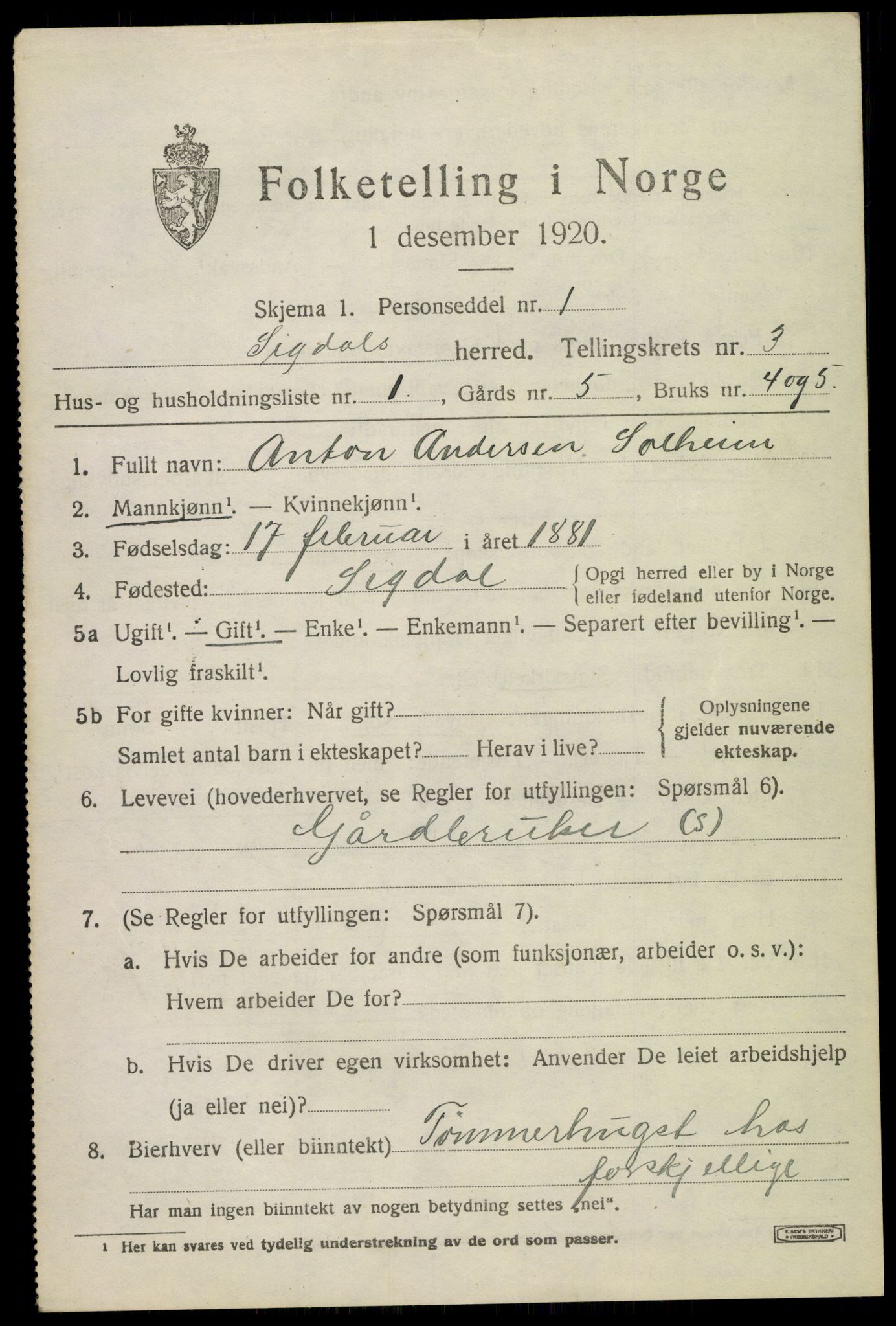 SAKO, 1920 census for Sigdal, 1920, p. 2770