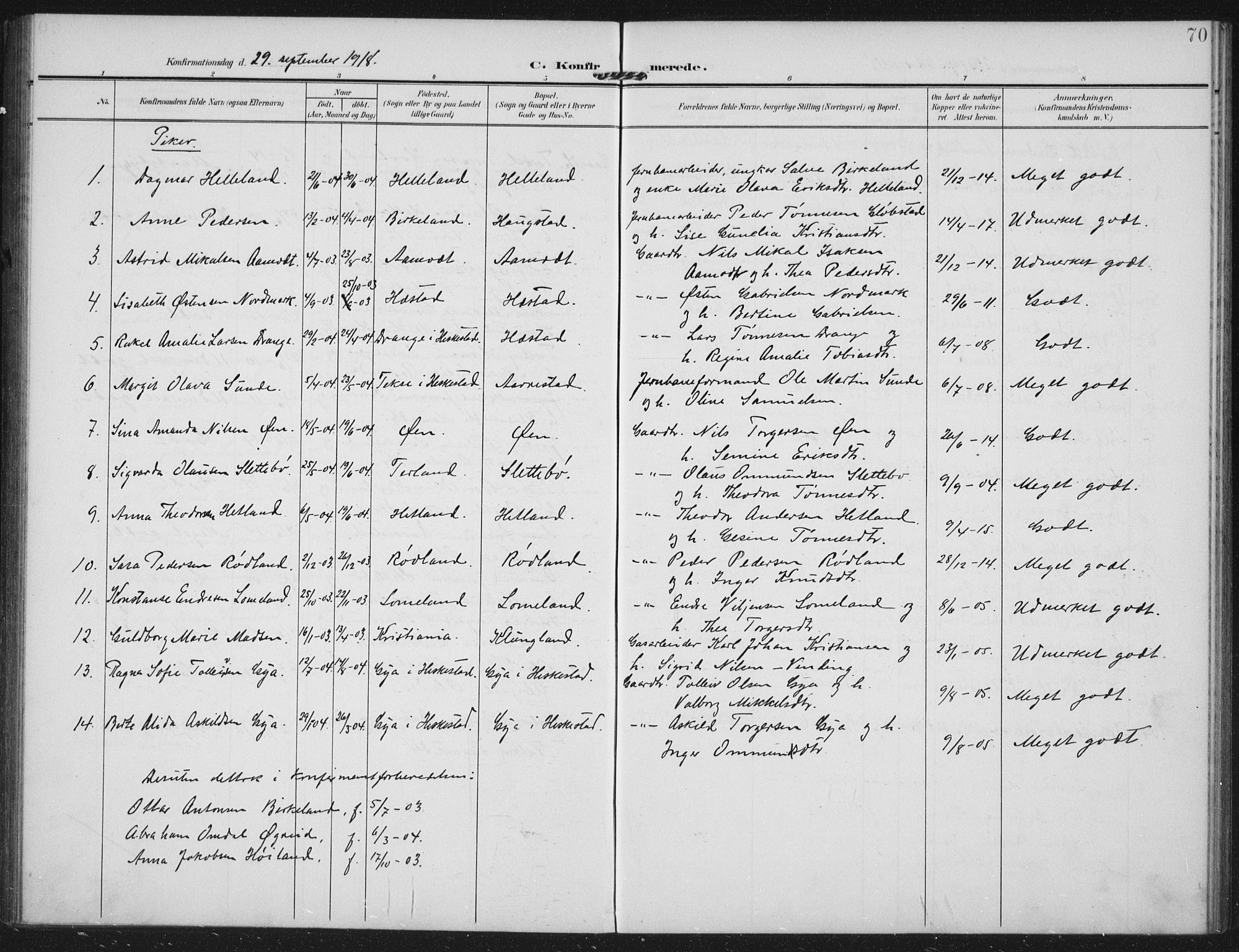 Helleland sokneprestkontor, AV/SAST-A-101810: Parish register (official) no. A 12, 1906-1923, p. 70