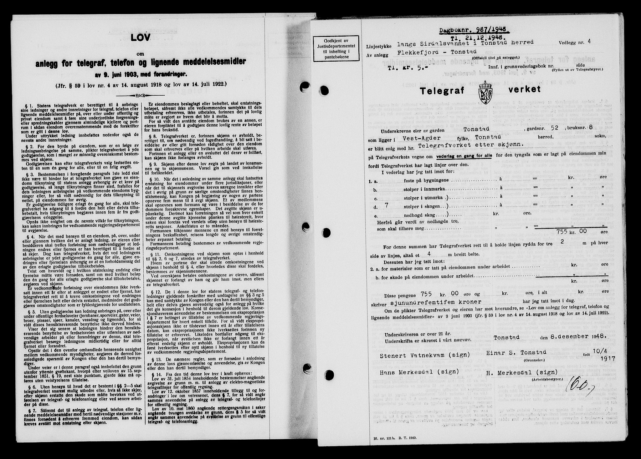 Flekkefjord sorenskriveri, SAK/1221-0001/G/Gb/Gba/L0064: Mortgage book no. A-12, 1948-1949, Diary no: : 987/1948