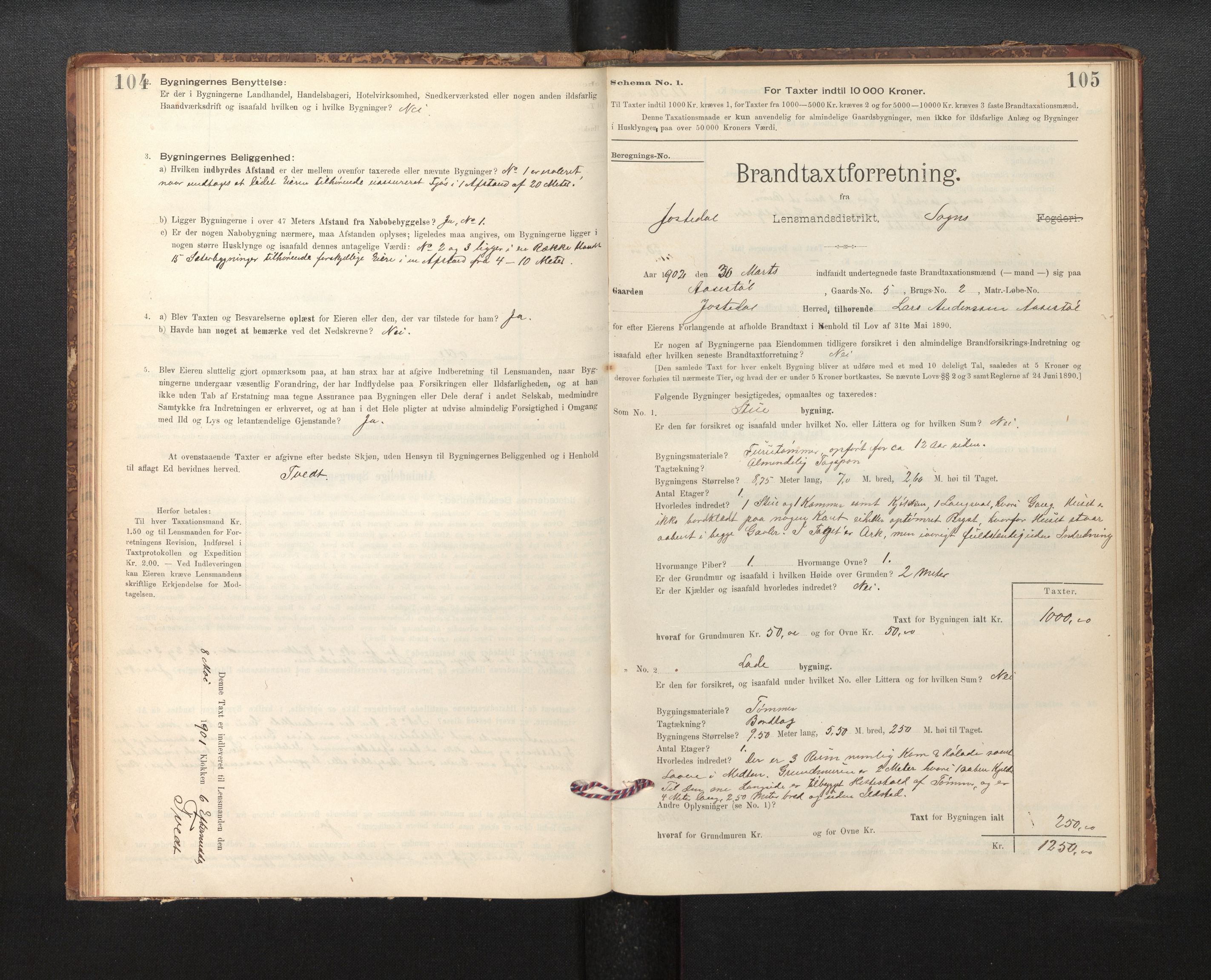 Lensmannen i Jostedal, SAB/A-28601/0012/L0003: Branntakstprotokoll, skjematakst, 1895-1906, p. 104-105