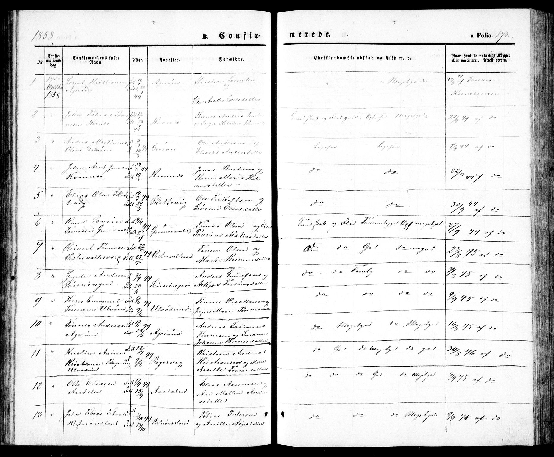 Høvåg sokneprestkontor, SAK/1111-0025/F/Fb/L0002: Parish register (copy) no. B 2, 1847-1869, p. 172