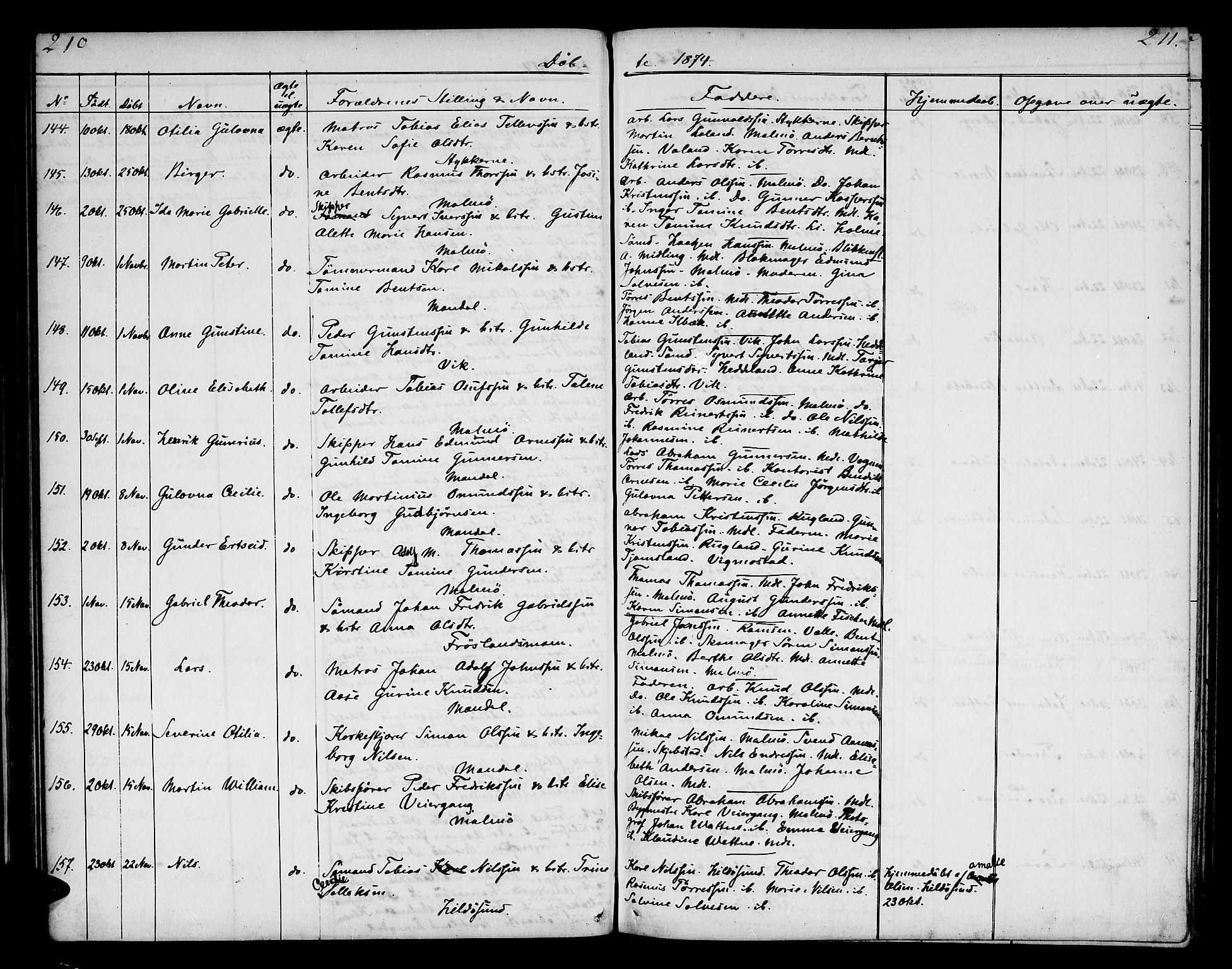 Mandal sokneprestkontor, AV/SAK-1111-0030/F/Fb/Fba/L0009: Parish register (copy) no. B 3, 1867-1877, p. 210-211