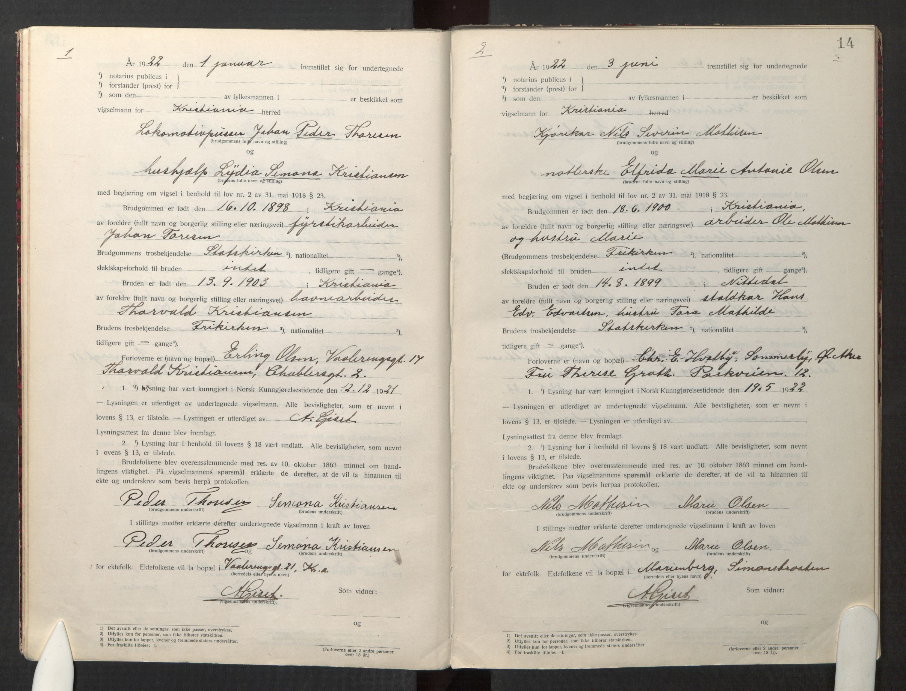 Den evangelisk-lutherske frikirke østre menighet, Oslo, SAO/PAO-0245/F/L0005: Marriage register (dissenter) no. 5, 1920-1941, p. 14