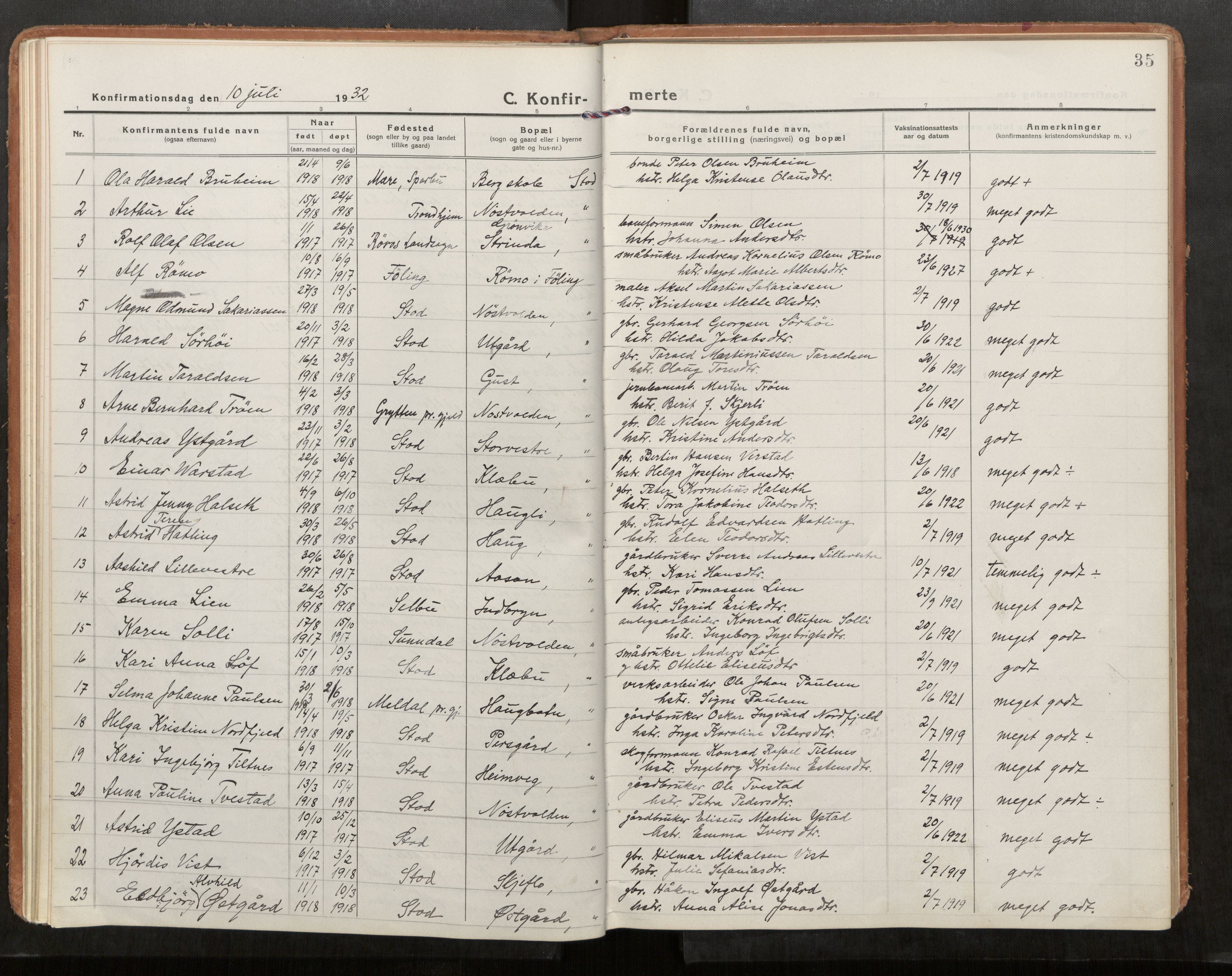 Stod sokneprestkontor, AV/SAT-A-1164/1/I/I1/I1a/L0005: Parish register (official) no. 5, 1923-1932, p. 35