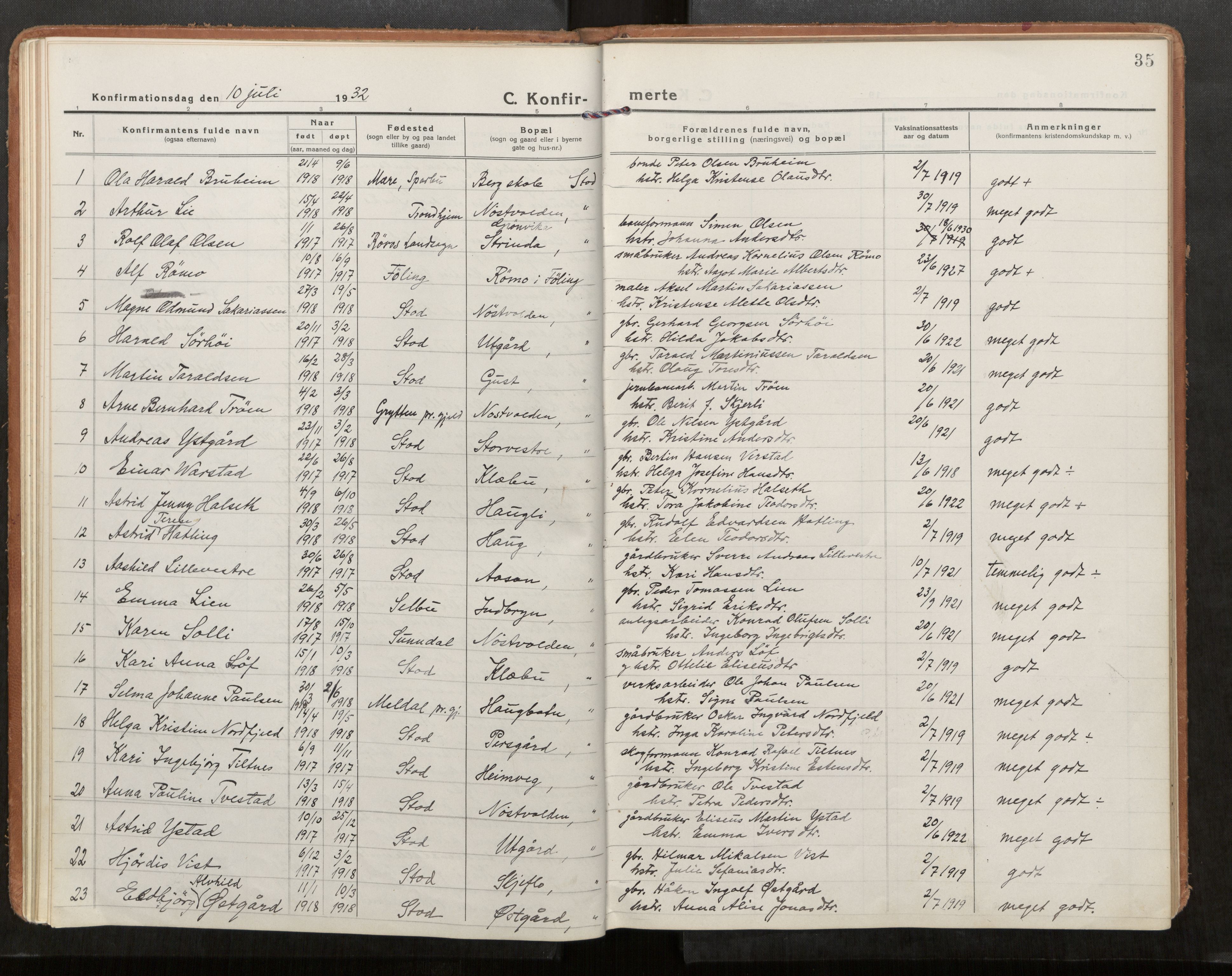 Stod sokneprestkontor, SAT/A-1164/1/I/I1/I1a/L0005: Parish register (official) no. 5, 1923-1932, p. 35