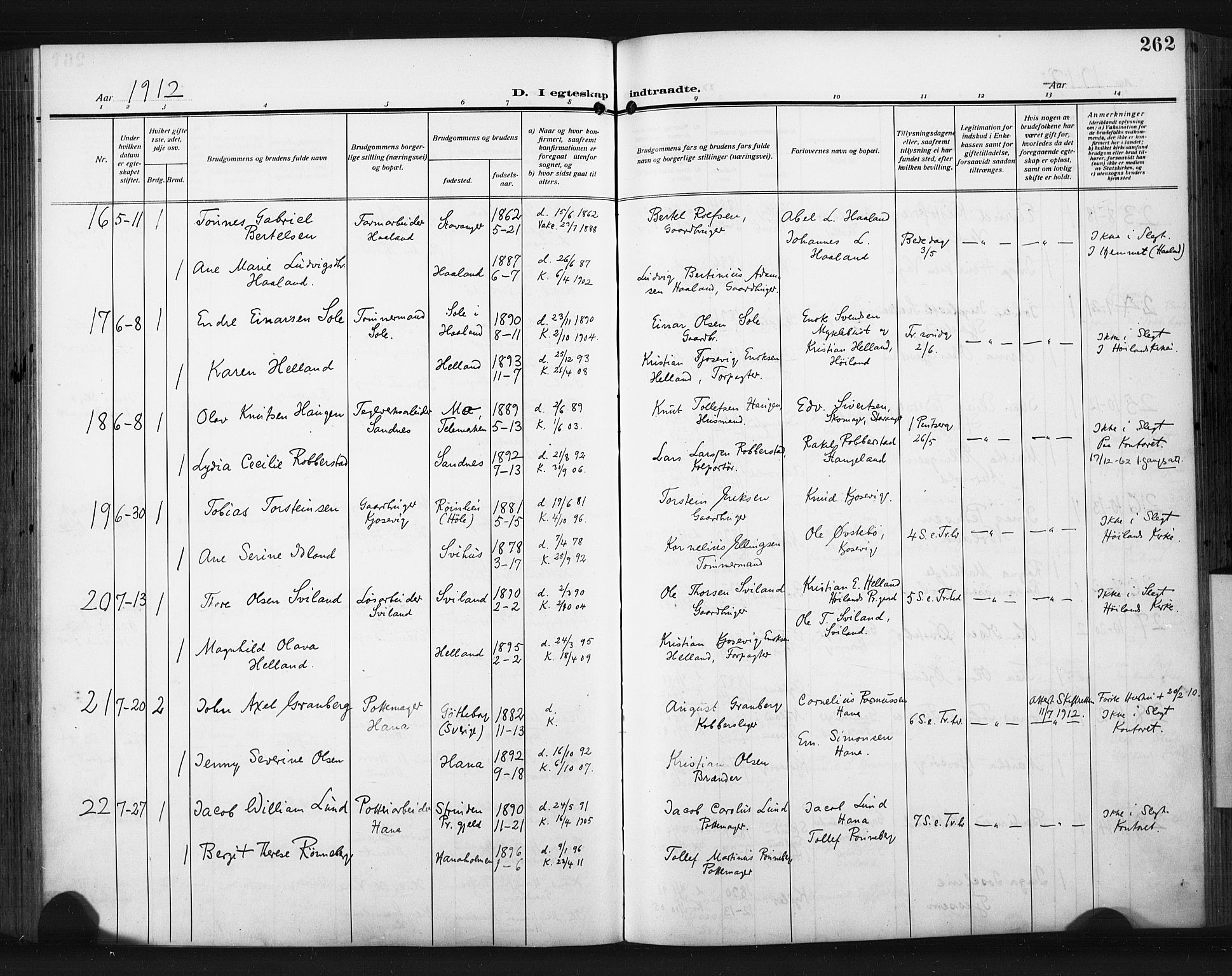 Høyland sokneprestkontor, AV/SAST-A-101799/001/30BA/L0017: Parish register (official) no. A 15, 1912-1924, p. 262