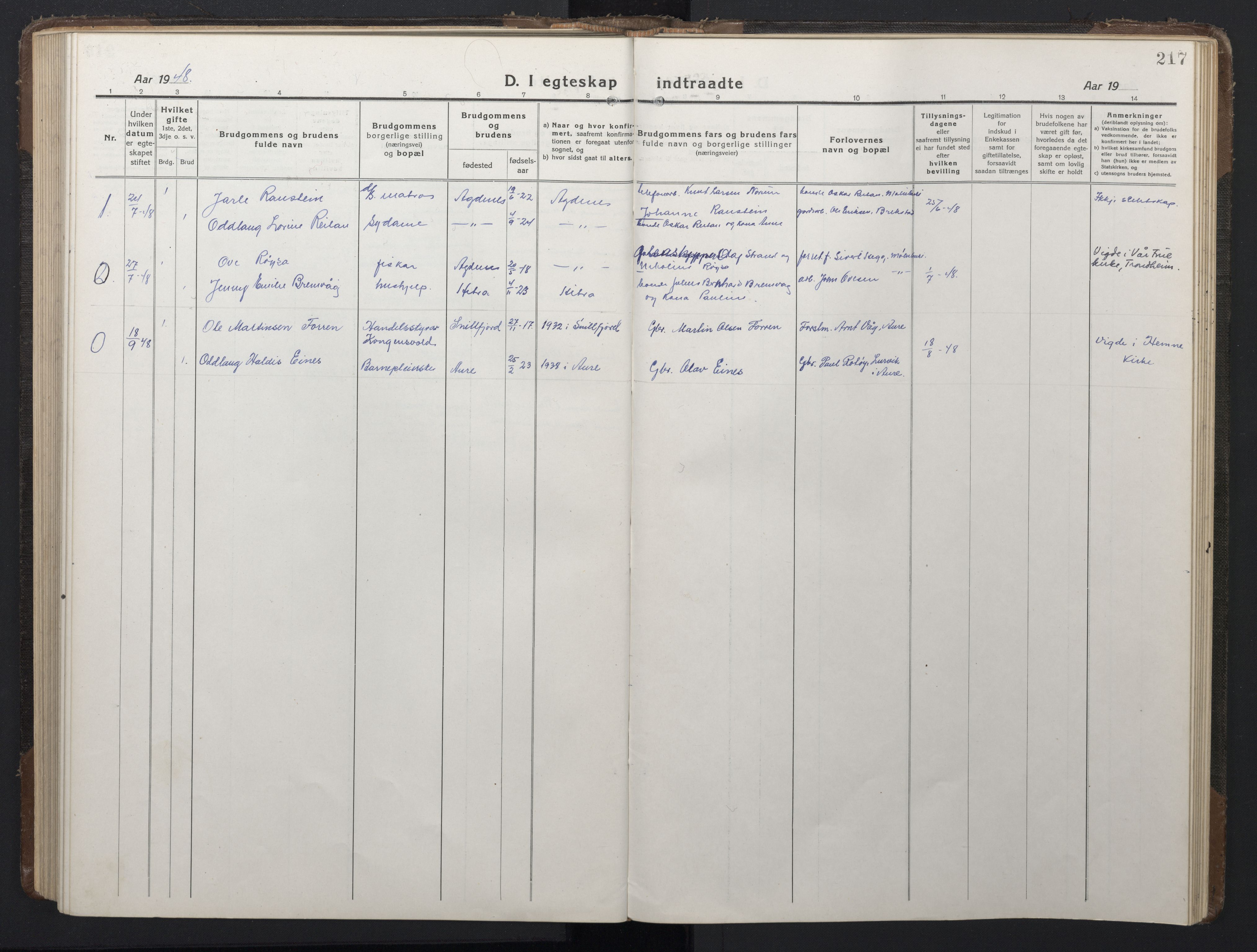 Ministerialprotokoller, klokkerbøker og fødselsregistre - Sør-Trøndelag, SAT/A-1456/662/L0758: Parish register (copy) no. 662C03, 1918-1948, p. 217