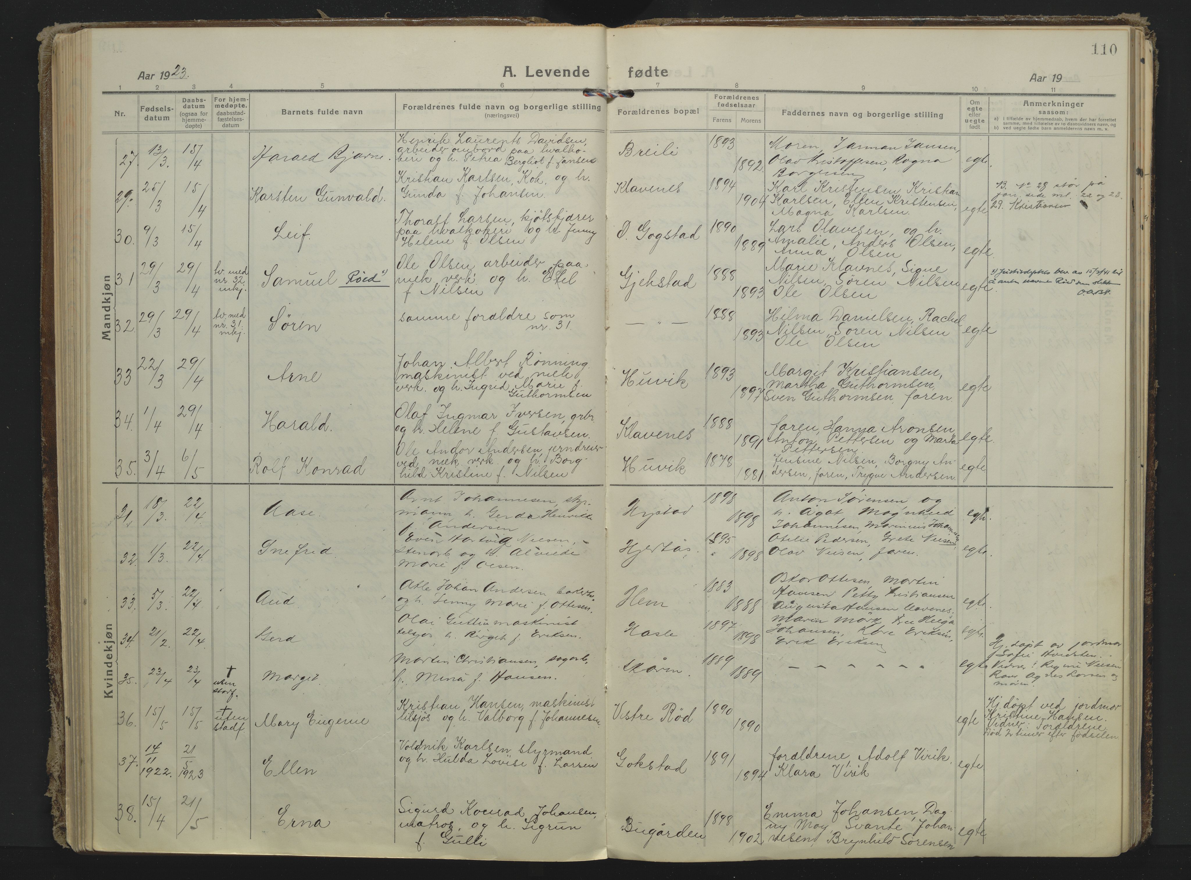 Sandar kirkebøker, AV/SAKO-A-243/F/Fa/L0022: Parish register (official) no. 22, 1919-1931, p. 110