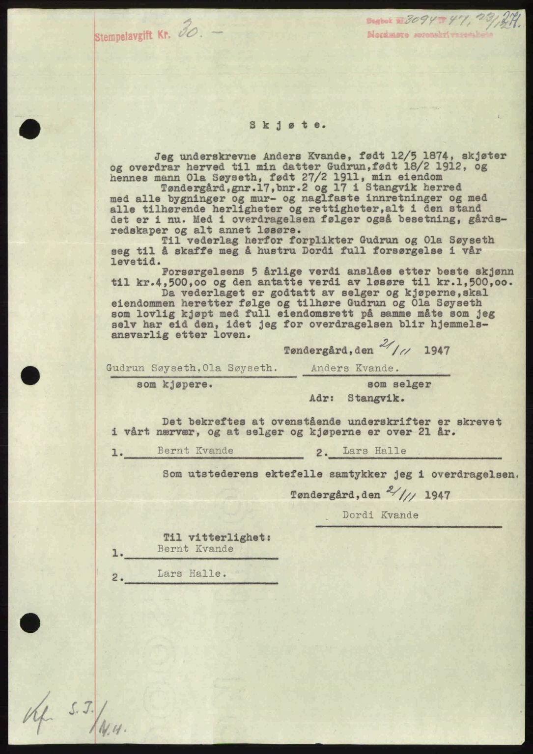 Nordmøre sorenskriveri, AV/SAT-A-4132/1/2/2Ca: Mortgage book no. A107, 1947-1948, Diary no: : 3094/1947