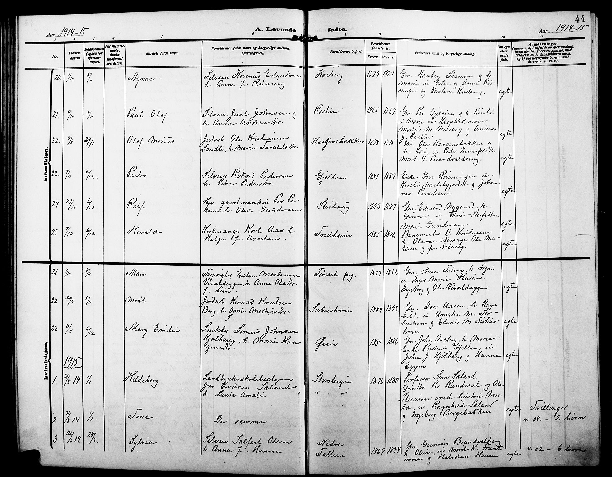 Alvdal prestekontor, AV/SAH-PREST-060/H/Ha/Hab/L0005: Parish register (copy) no. 5, 1908-1923, p. 44
