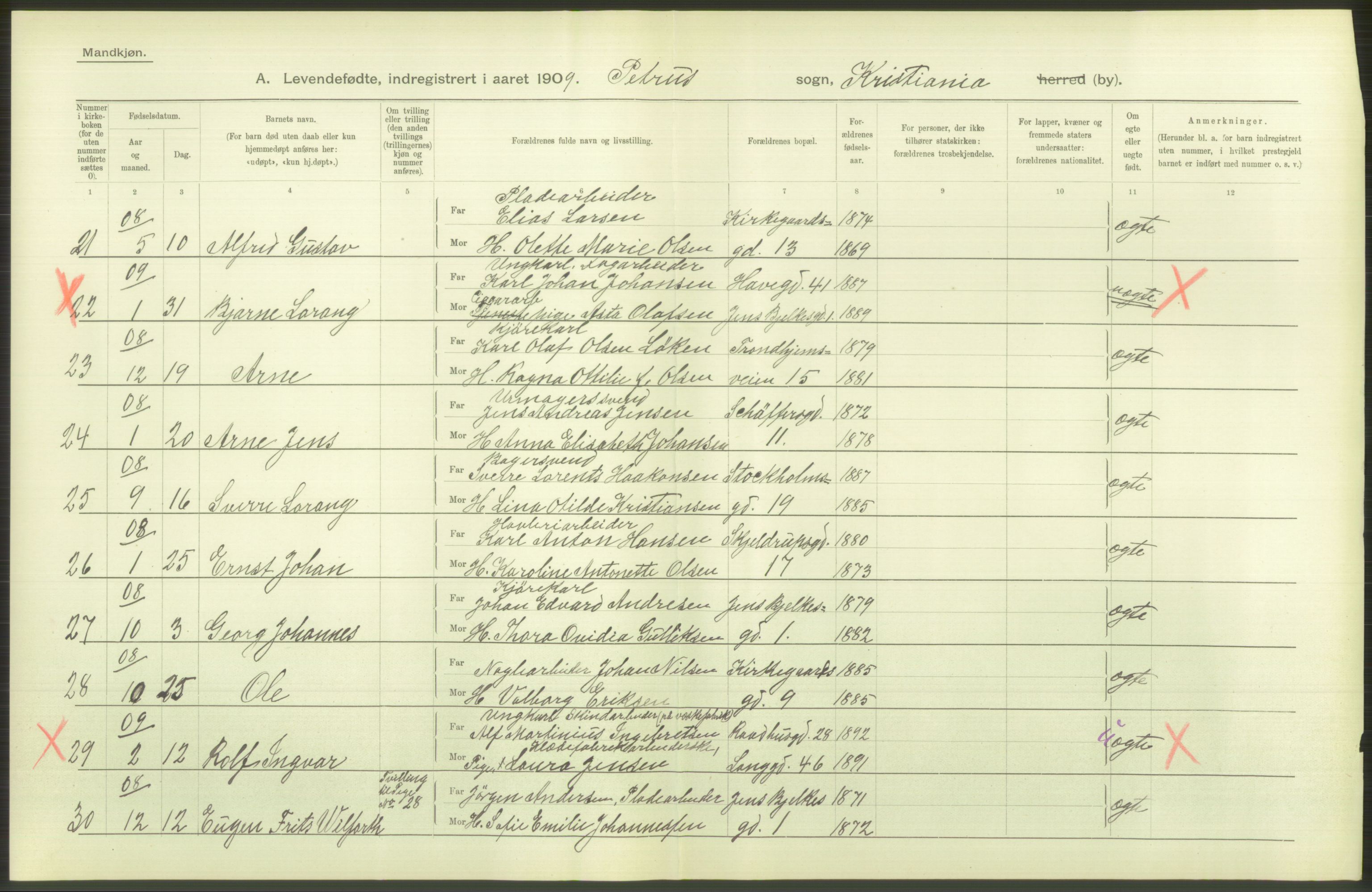 Statistisk sentralbyrå, Sosiodemografiske emner, Befolkning, AV/RA-S-2228/D/Df/Dfa/Dfag/L0007: Kristiania: Levendefødte menn og kvinner., 1909, p. 208