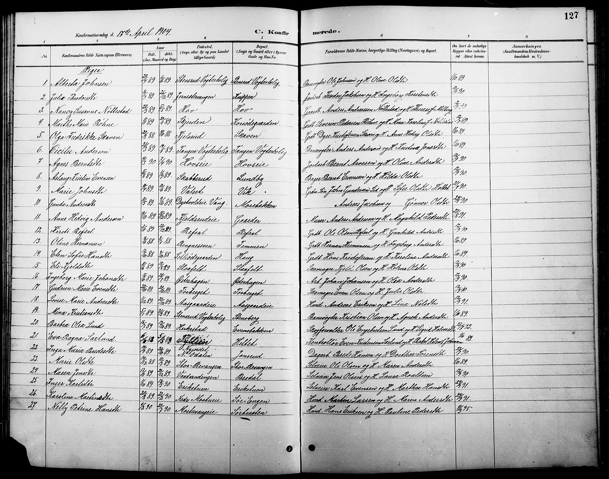 Stange prestekontor, AV/SAH-PREST-002/L/L0011: Parish register (copy) no. 11, 1895-1917, p. 127