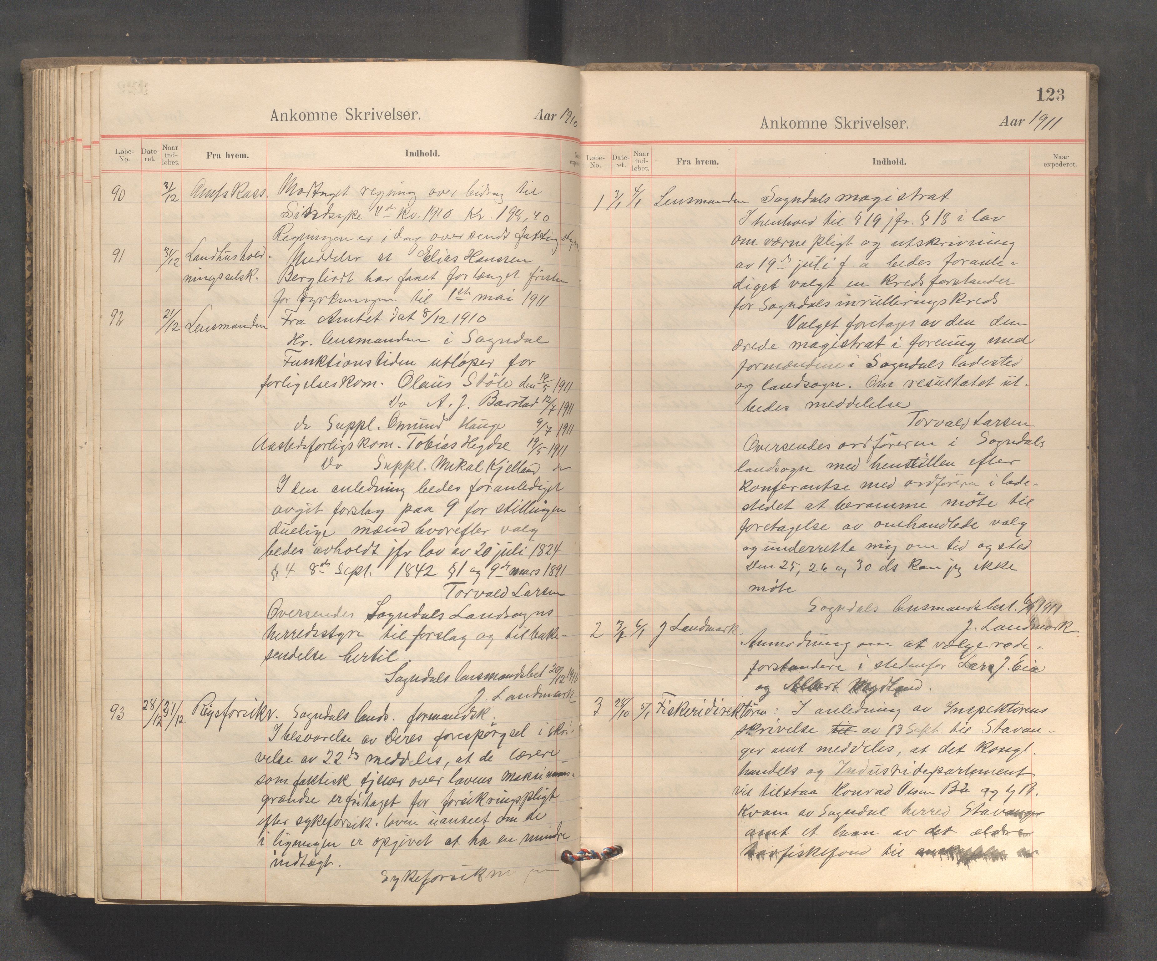 Sokndal kommune - Formannskapet/Sentraladministrasjonen, IKAR/K-101099/C/Ca/L0003: Journal, 1904-1912, p. 123