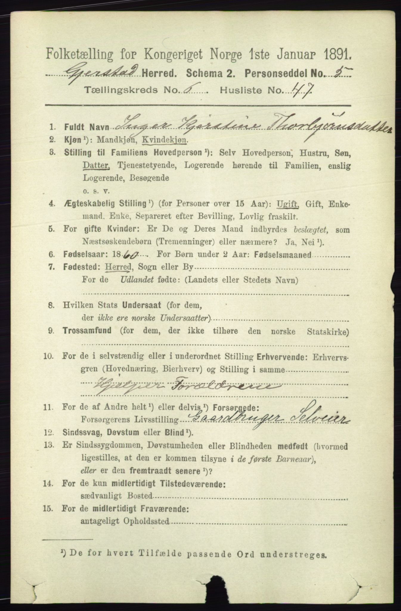 RA, 1891 census for 0911 Gjerstad, 1891, p. 2660