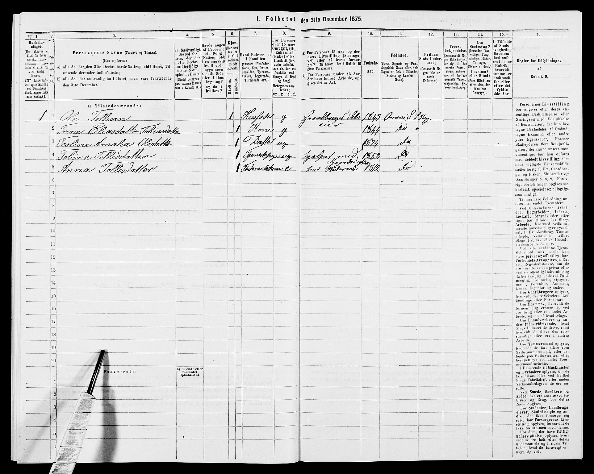 SAK, 1875 census for 1032P Lyngdal, 1875, p. 2053