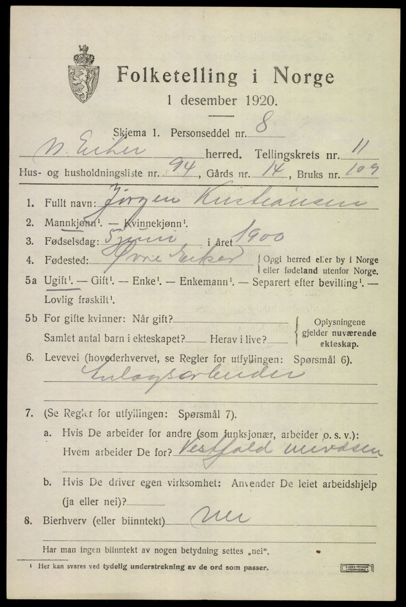 SAKO, 1920 census for Nedre Eiker, 1920, p. 12437