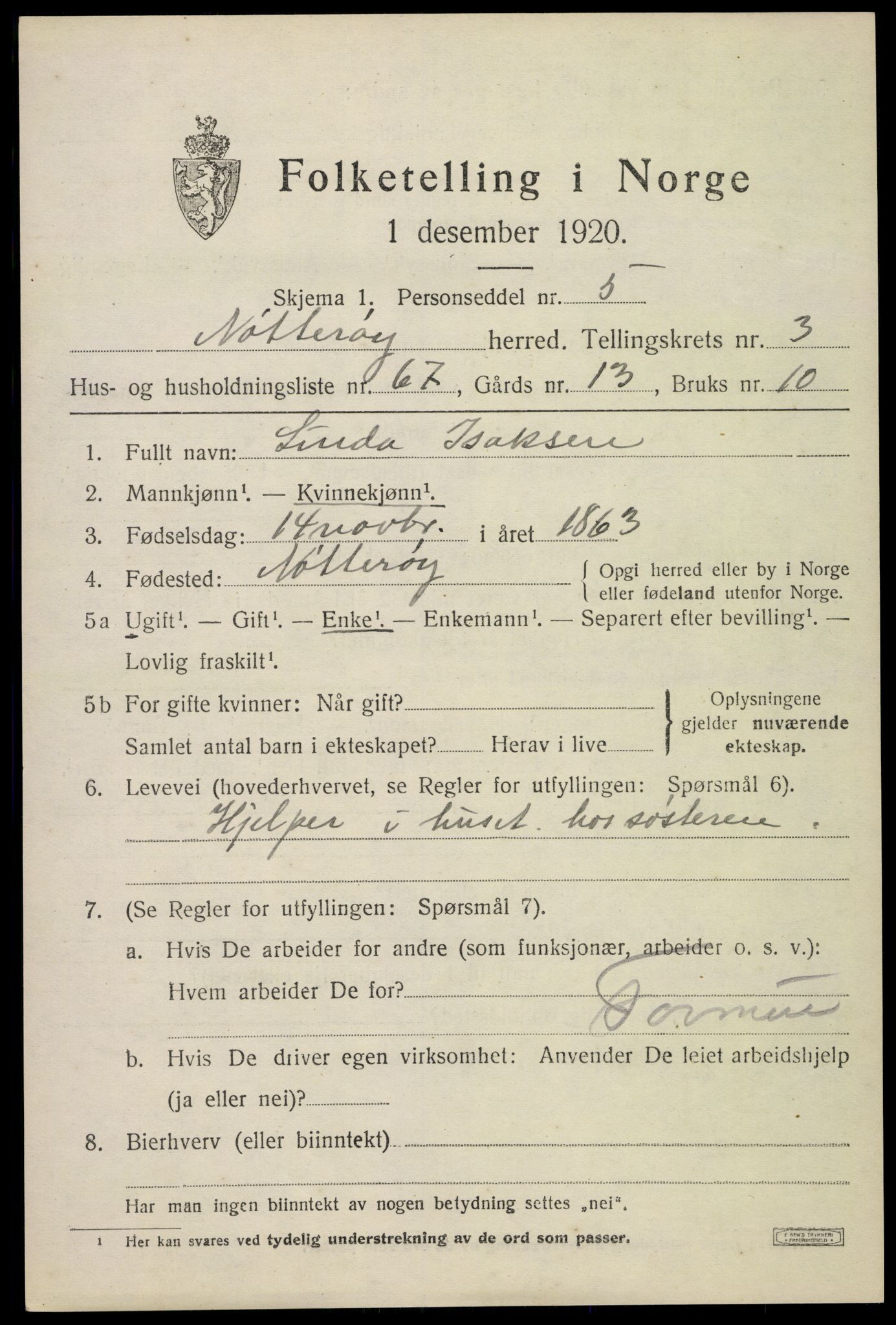 SAKO, 1920 census for Nøtterøy, 1920, p. 6271