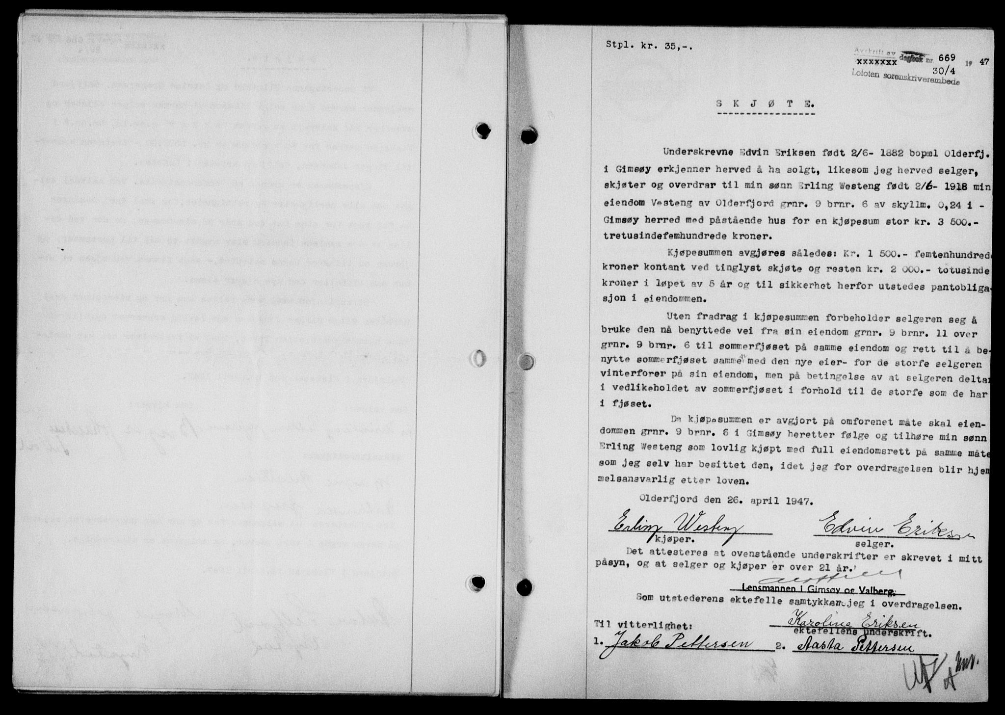 Lofoten sorenskriveri, SAT/A-0017/1/2/2C/L0016a: Mortgage book no. 16a, 1947-1947, Diary no: : 669/1947